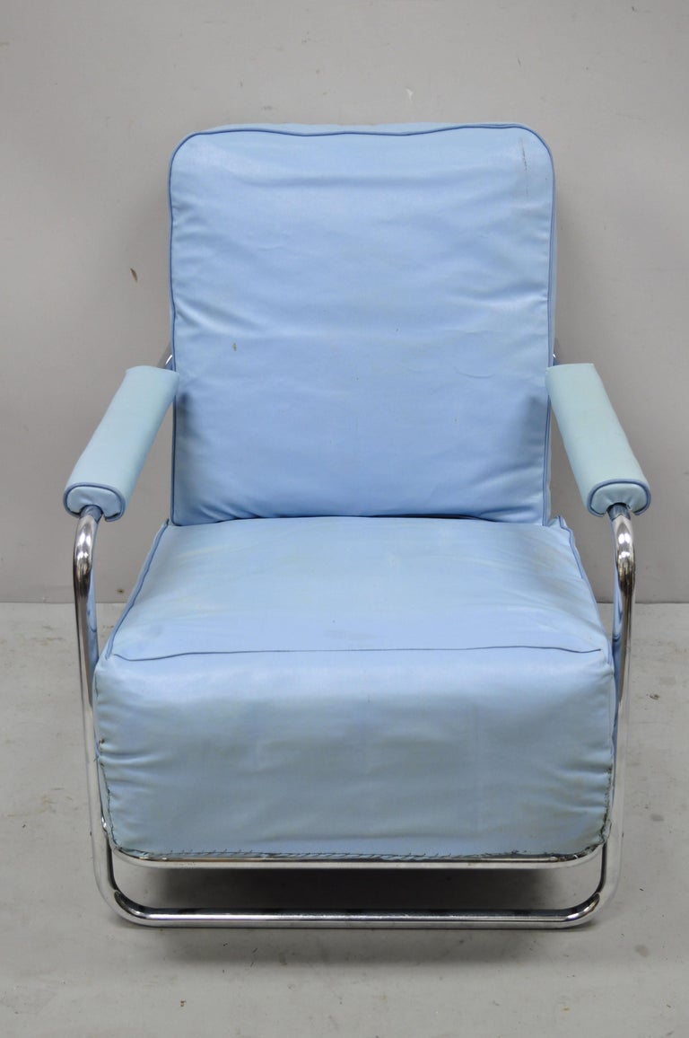 1934 Gilbert Rohde for troy sunshade Art Deco easy chair blue lounge chair. Item features chrome metal frame, upholstered armrests, very nice antique item, quality American craftsmanship, great style and form. Circa 1934. Measurements: 32