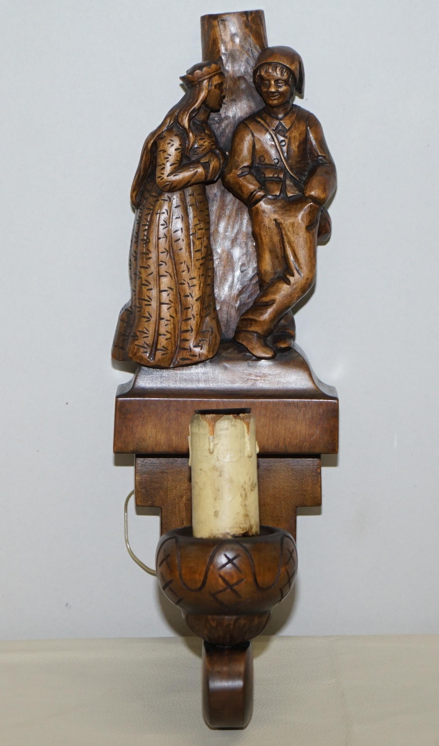 1934 Hand Carved Set of Asbjornsen and Moe Norway Fairy Tale Wall Sconces Lights 3