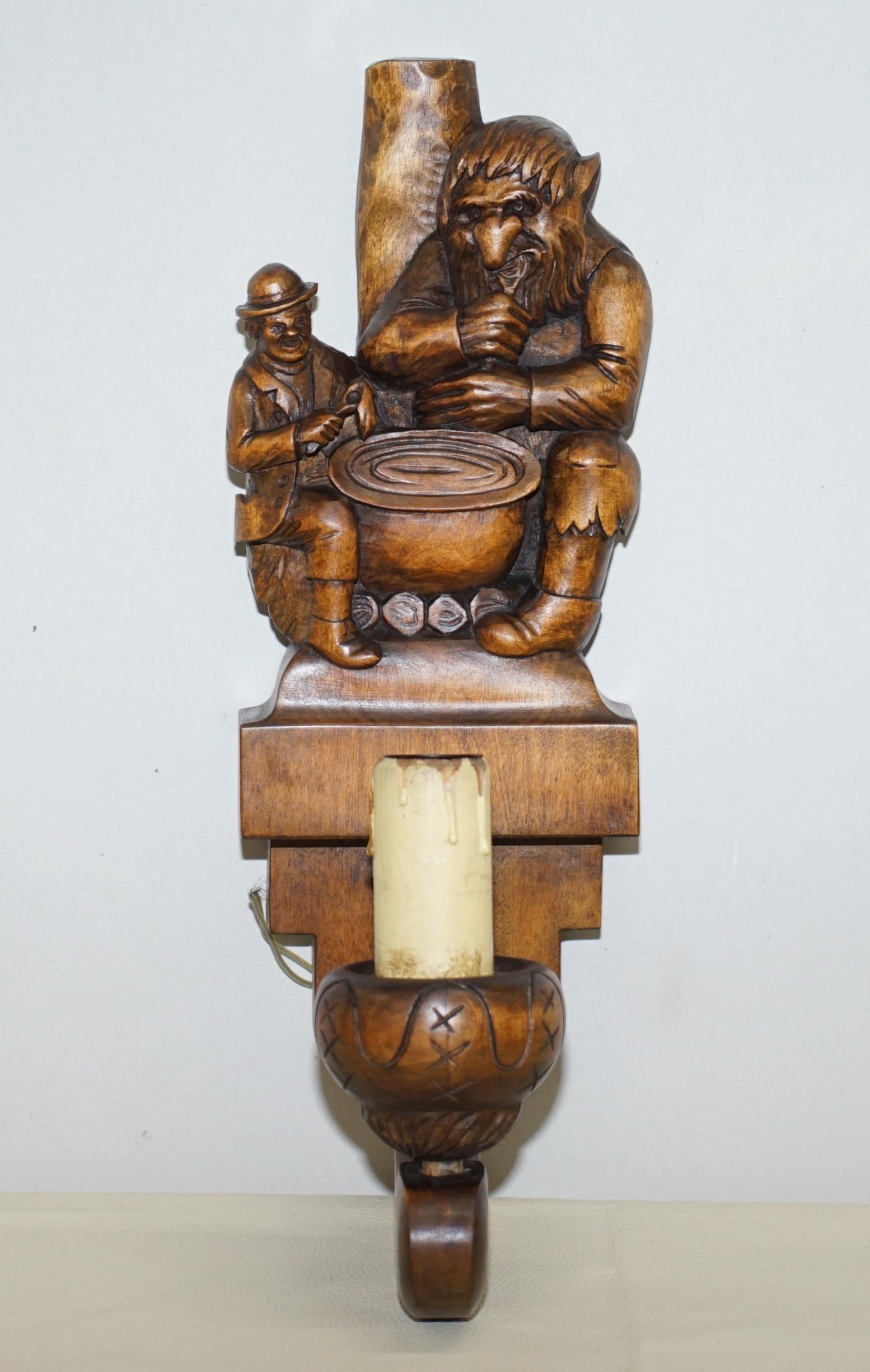 1934 Hand Carved Set of Asbjornsen and Moe Norway Fairy Tale Wall Sconces Lights 9