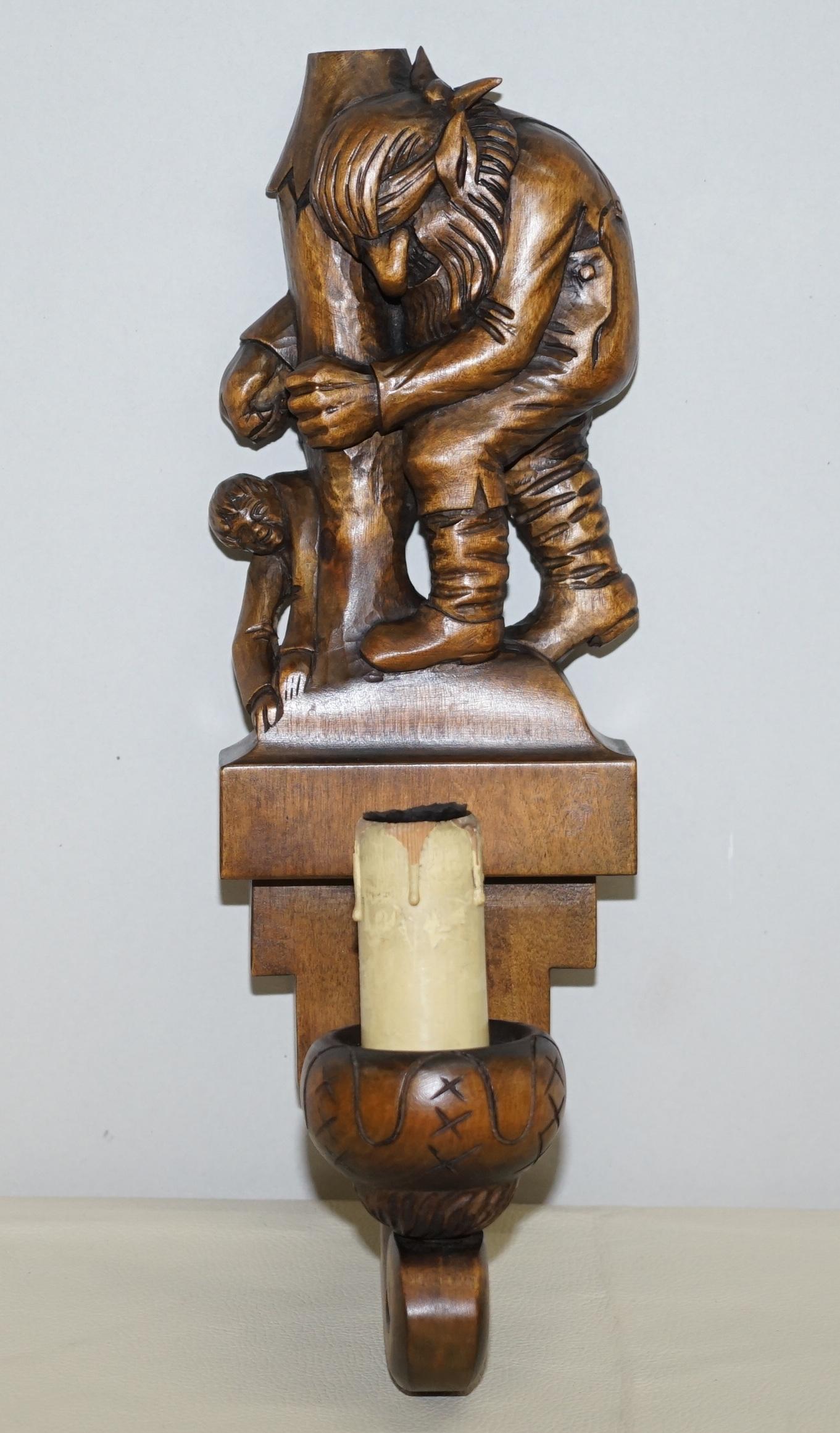 Wood 1934 Hand Carved Set of Asbjornsen and Moe Norway Fairy Tale Wall Sconces Lights
