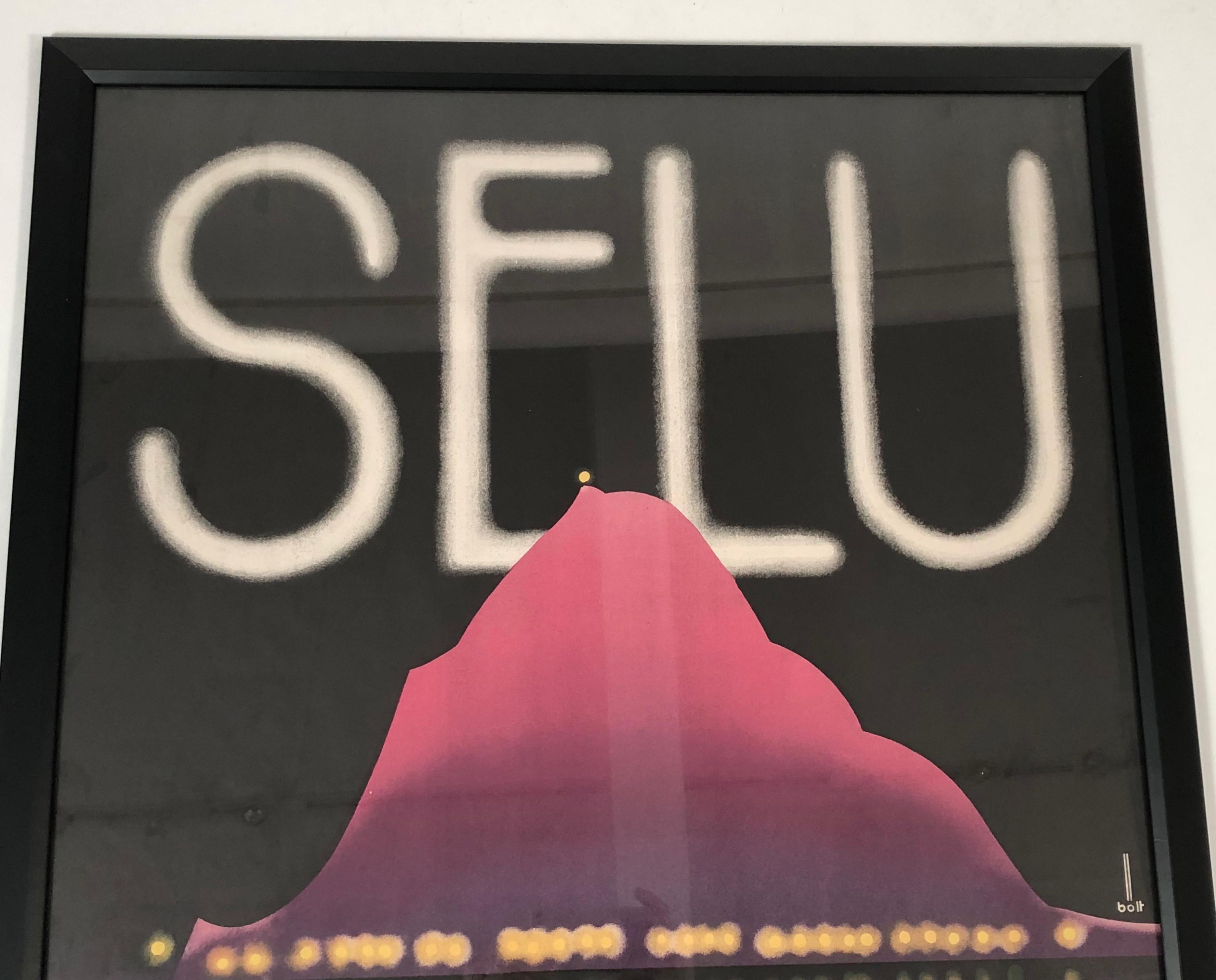 An original 1934 film festival poster advertising SELU, the Semaine de Lumiere (week of light) festival on Lake Lugano, 9-21 May 1934, lithograph on paper by Bolt, depicting a pink mountain, with yellow light at the summit, against a black