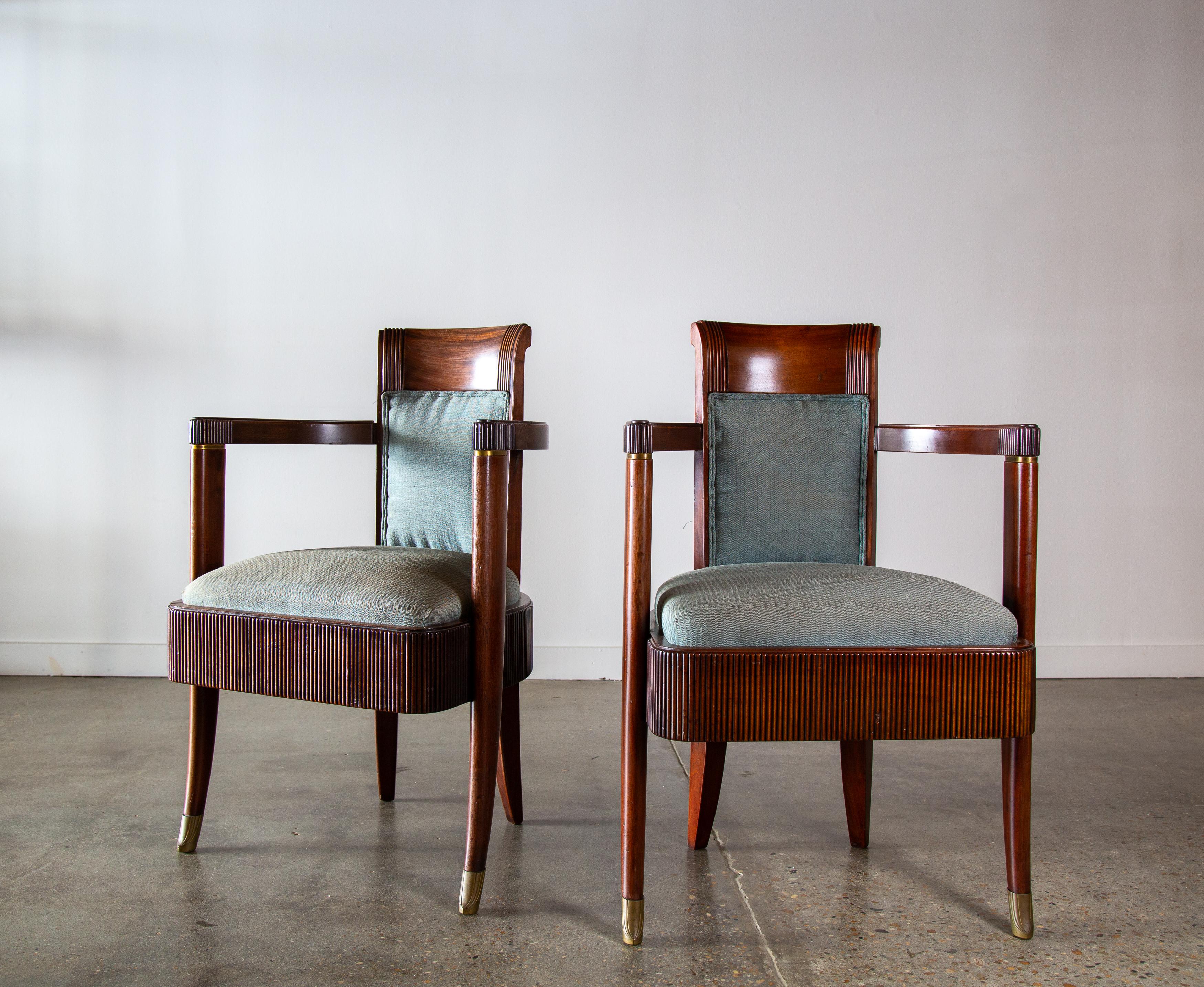 Art Deco 1934 Pierre Patout designed Armchairs for SS Normandie Fluted Mahogany Brass For Sale