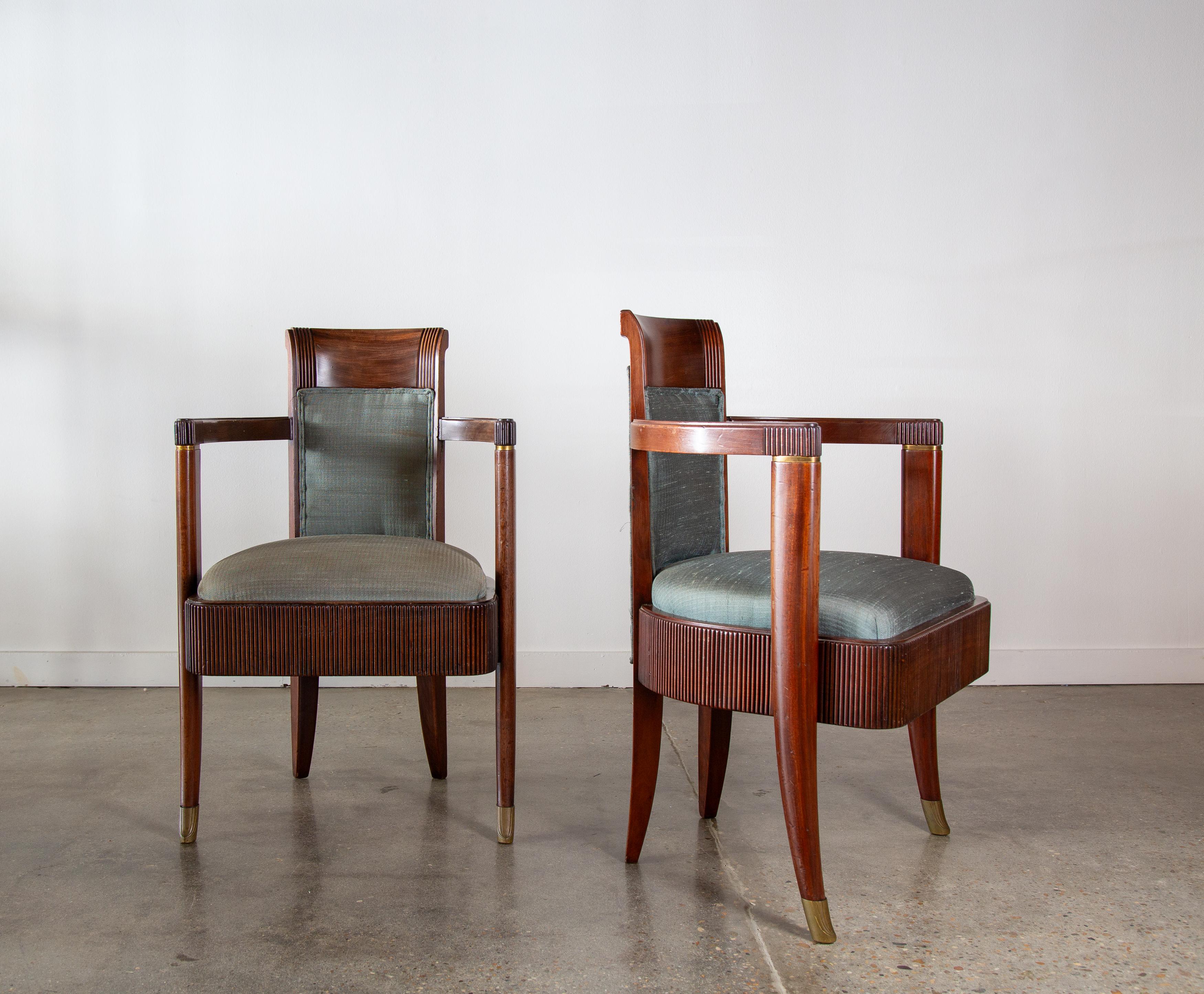 French 1934 Pierre Patout designed Armchairs for SS Normandie Fluted Mahogany Brass For Sale