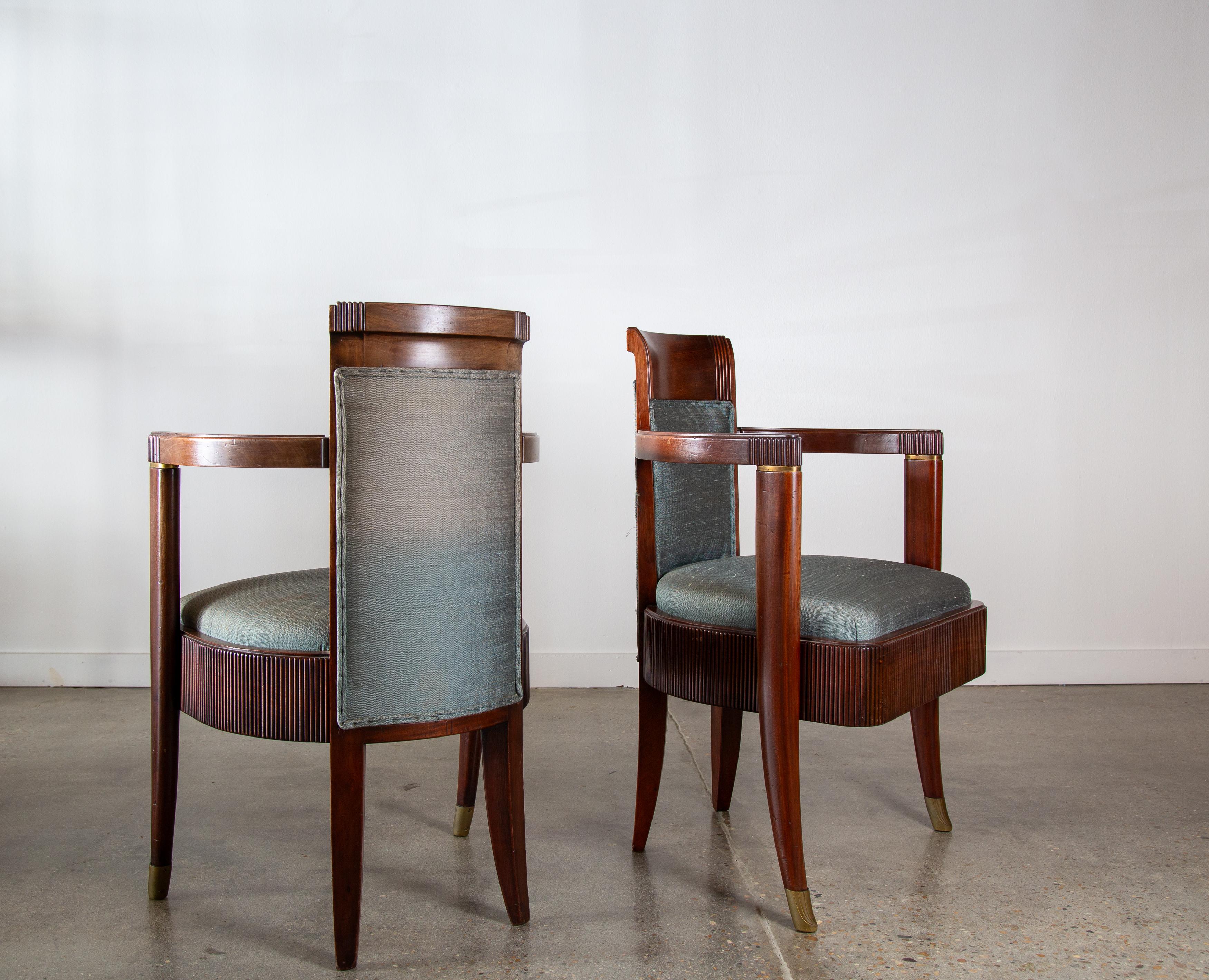 Mid-20th Century 1934 Pierre Patout designed Armchairs for SS Normandie Fluted Mahogany Brass For Sale