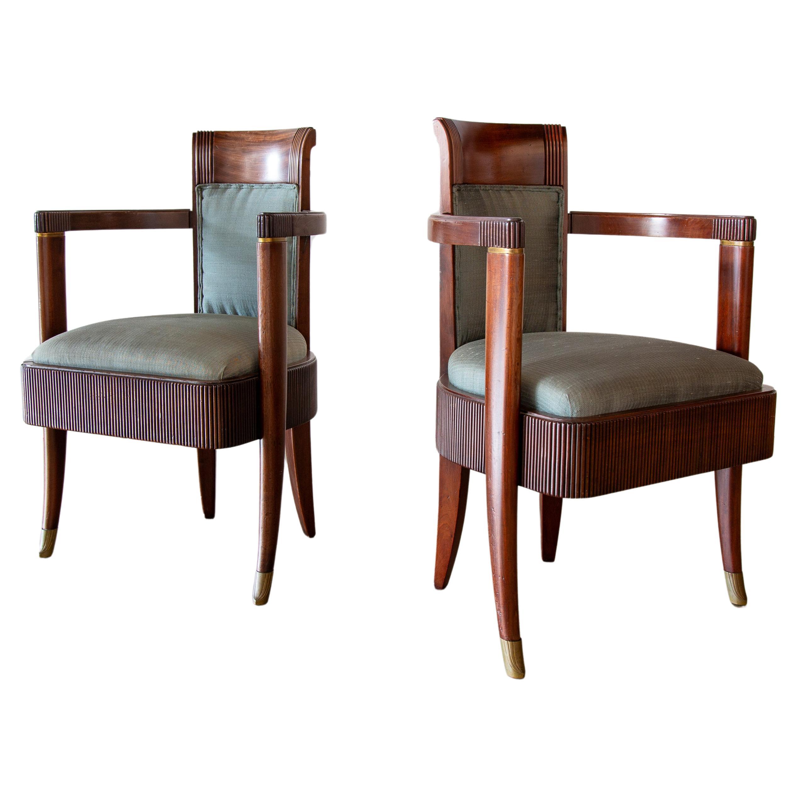 1934 Pierre Patout designed Armchairs for SS Normandie Fluted Mahogany Brass