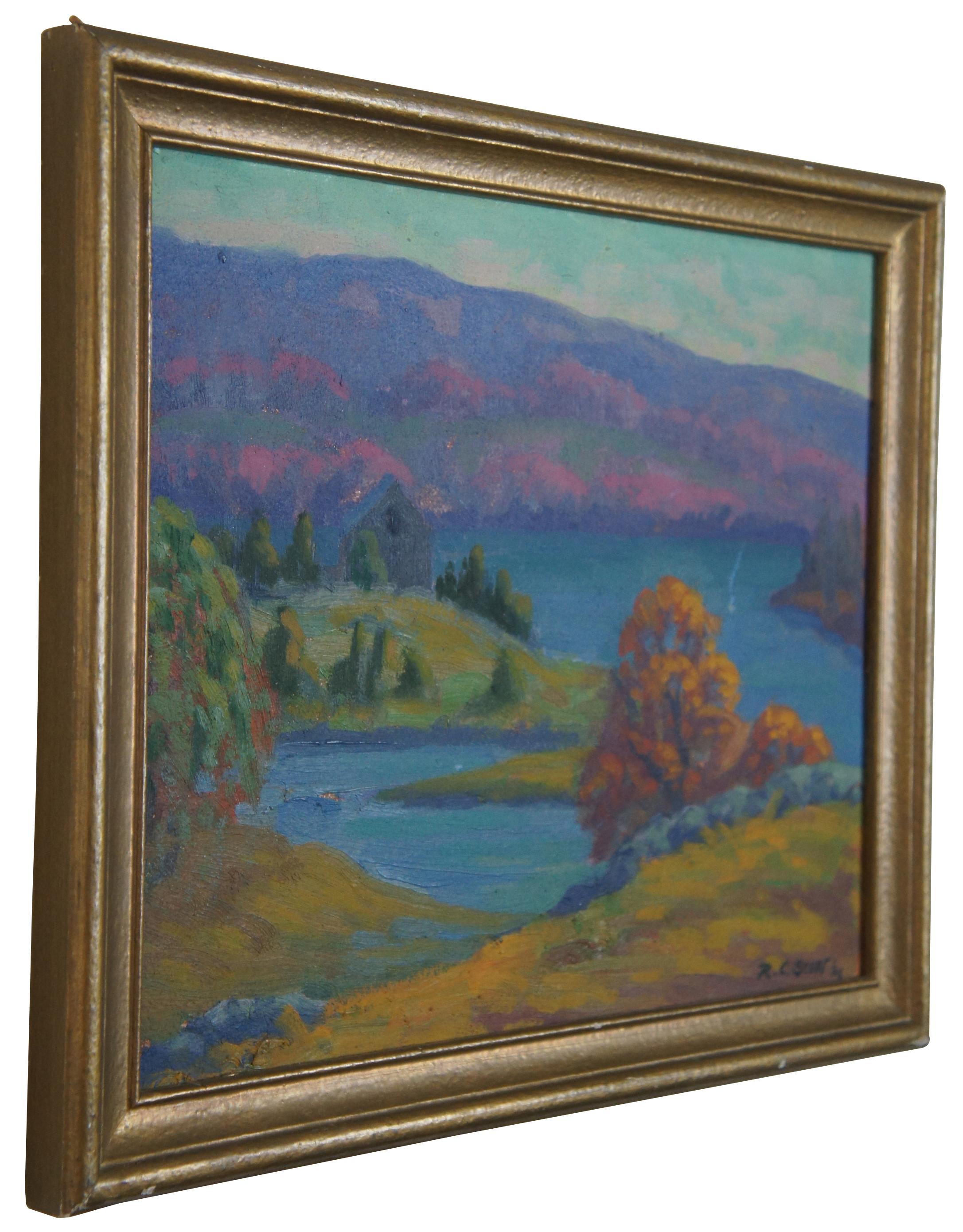 Antique 1934 impressionist oil on board landscape painting titled Smithfield Reservoir, R.I. by Ralph C. Scott. Personalized by the artist for his friend. Ralph C. Scott (Born 1896) was active/lived in Massachusetts. Ralph Scott is known for