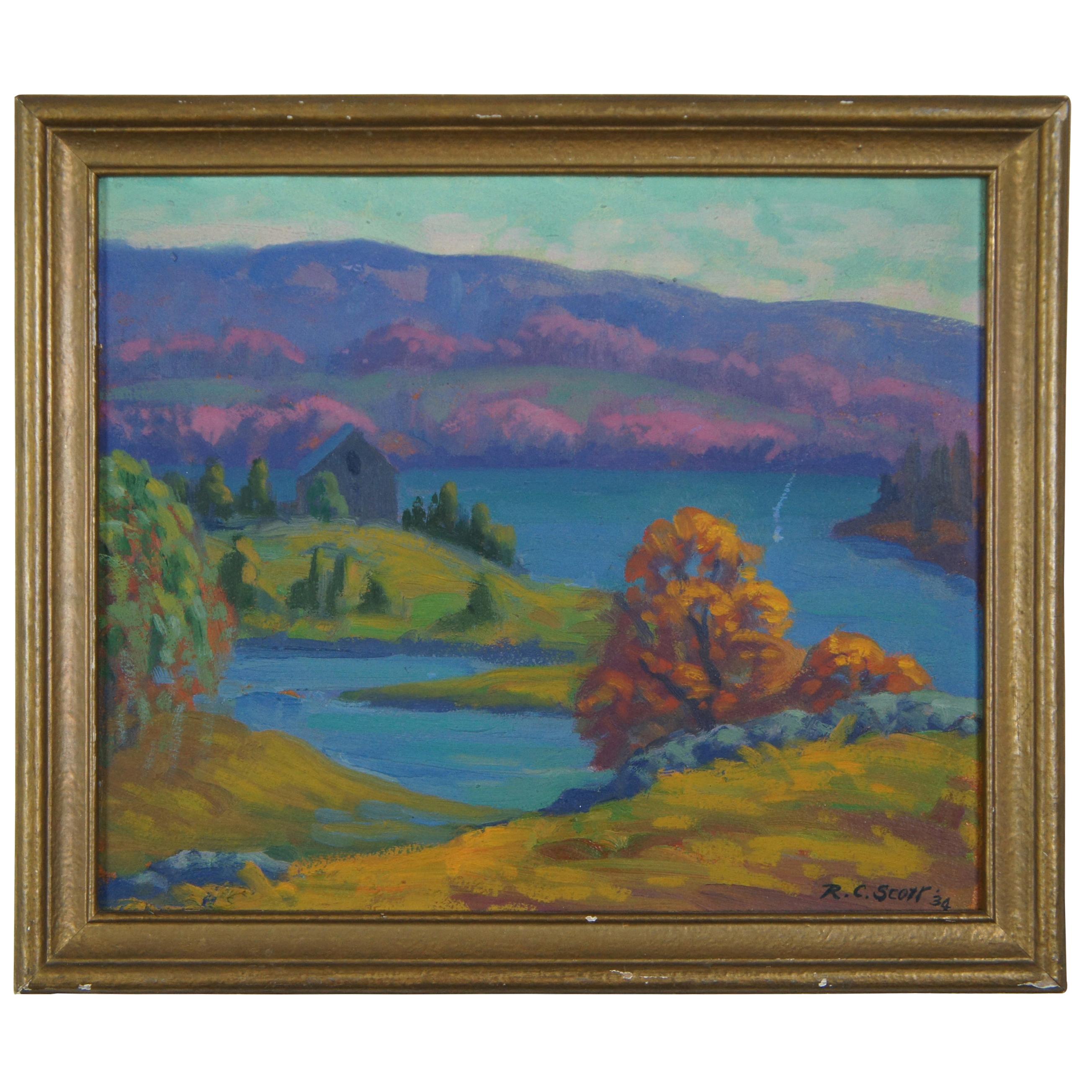 1934 Ralph C. Scott Smithfield Reservoir Landscape Oil Painting on Board