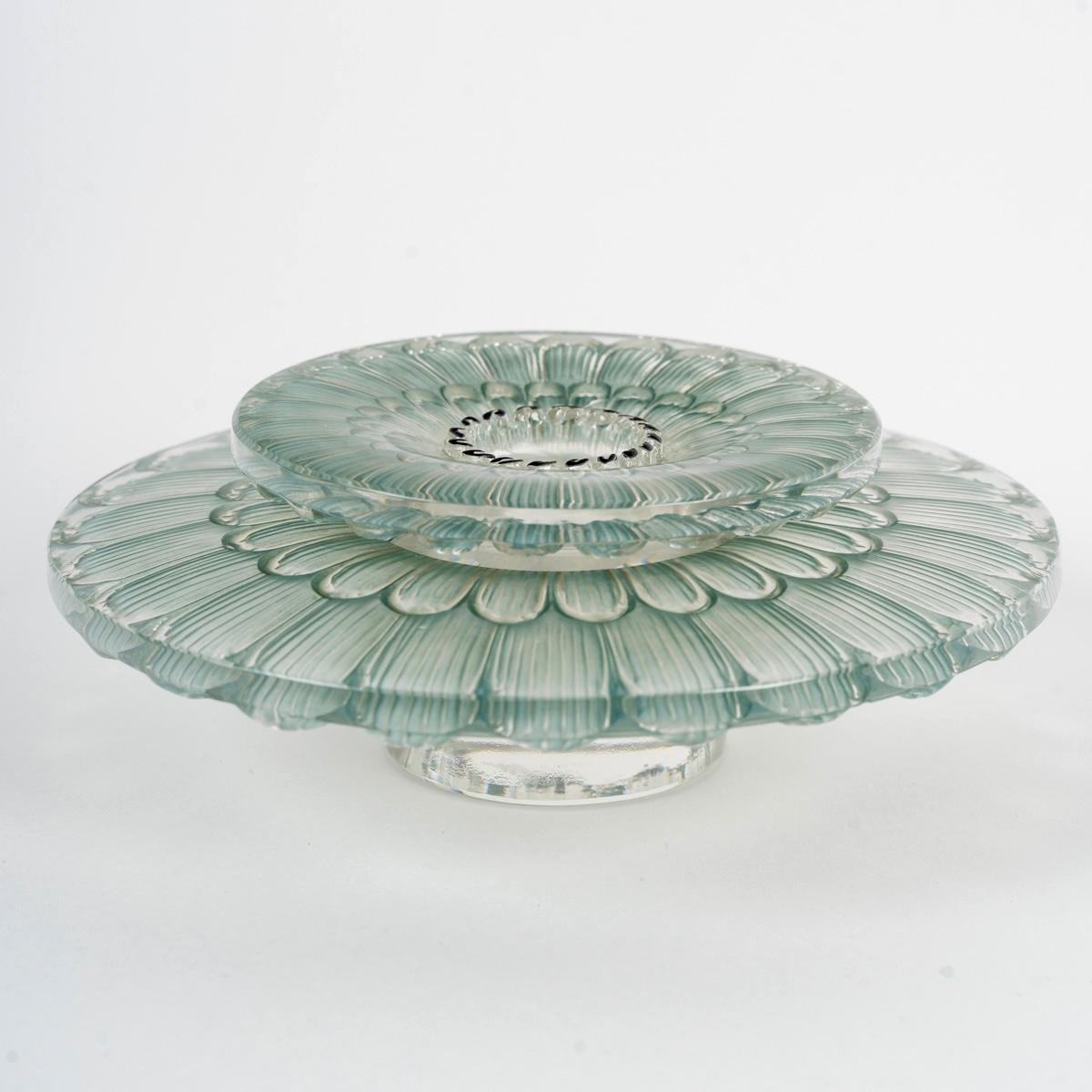 Art Deco 1934 Rene Lalique - 4 Candleholders Candlesticks Dahlias Glass with Blue Patina
