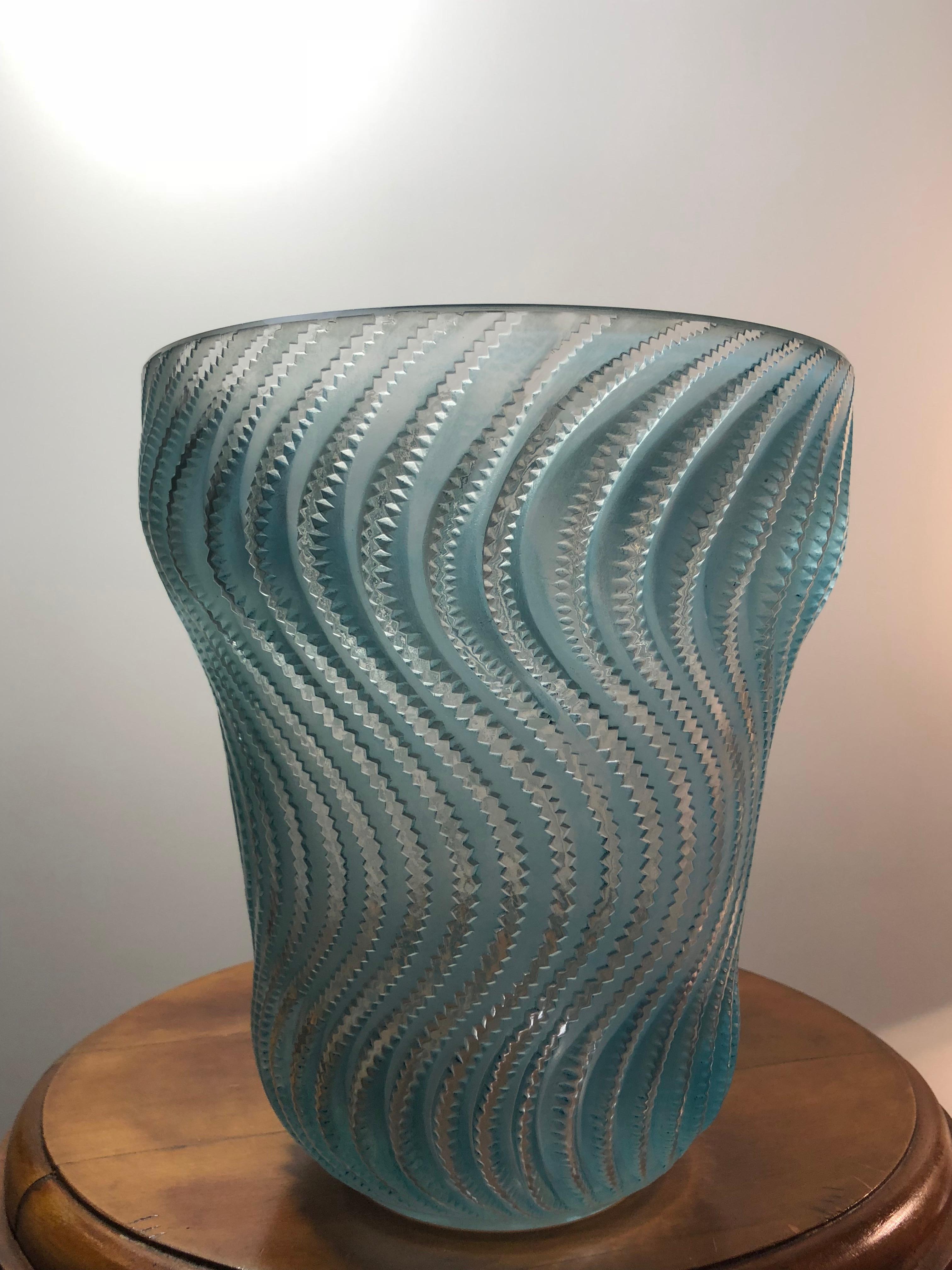 Art Deco 1934 René Lalique Actinia Vase in Frosted Glass with Blue Patina