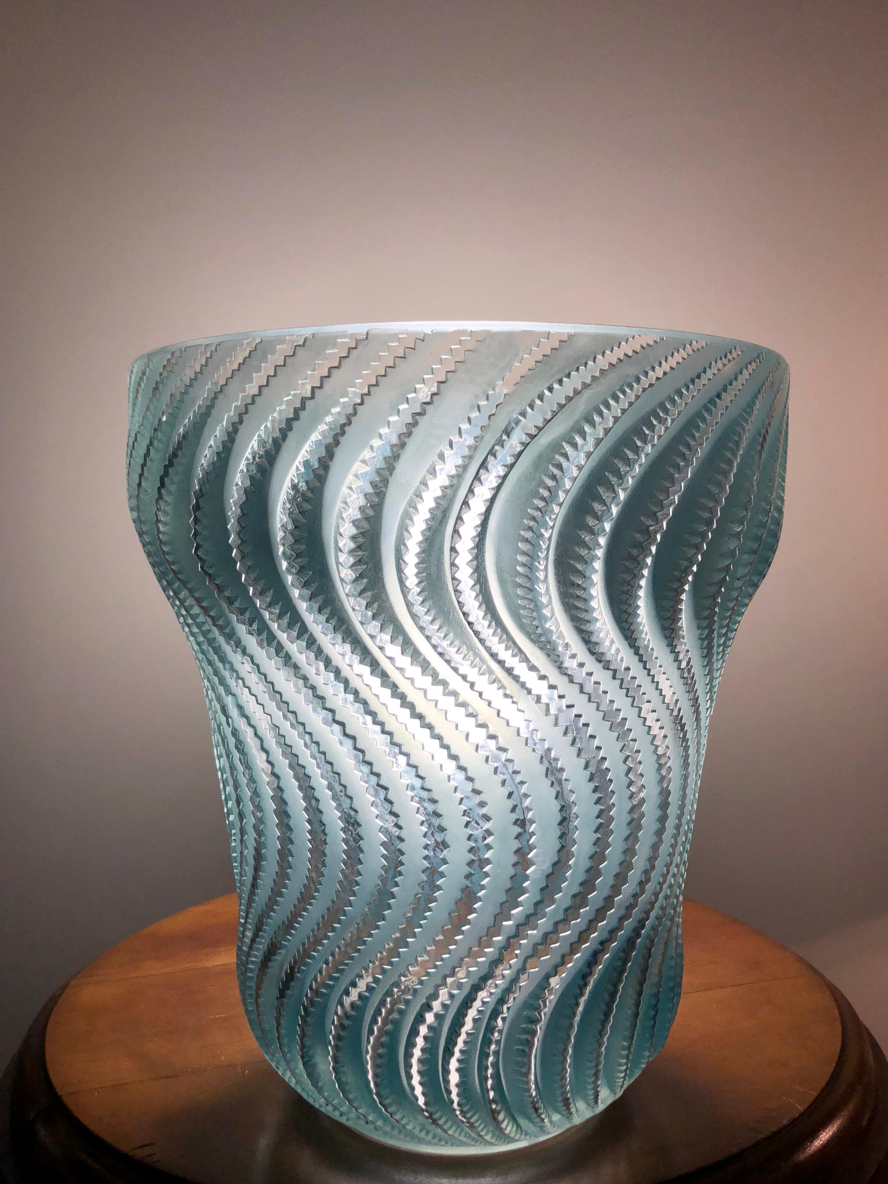 French 1934 René Lalique Actinia Vase in Frosted Glass with Blue Patina