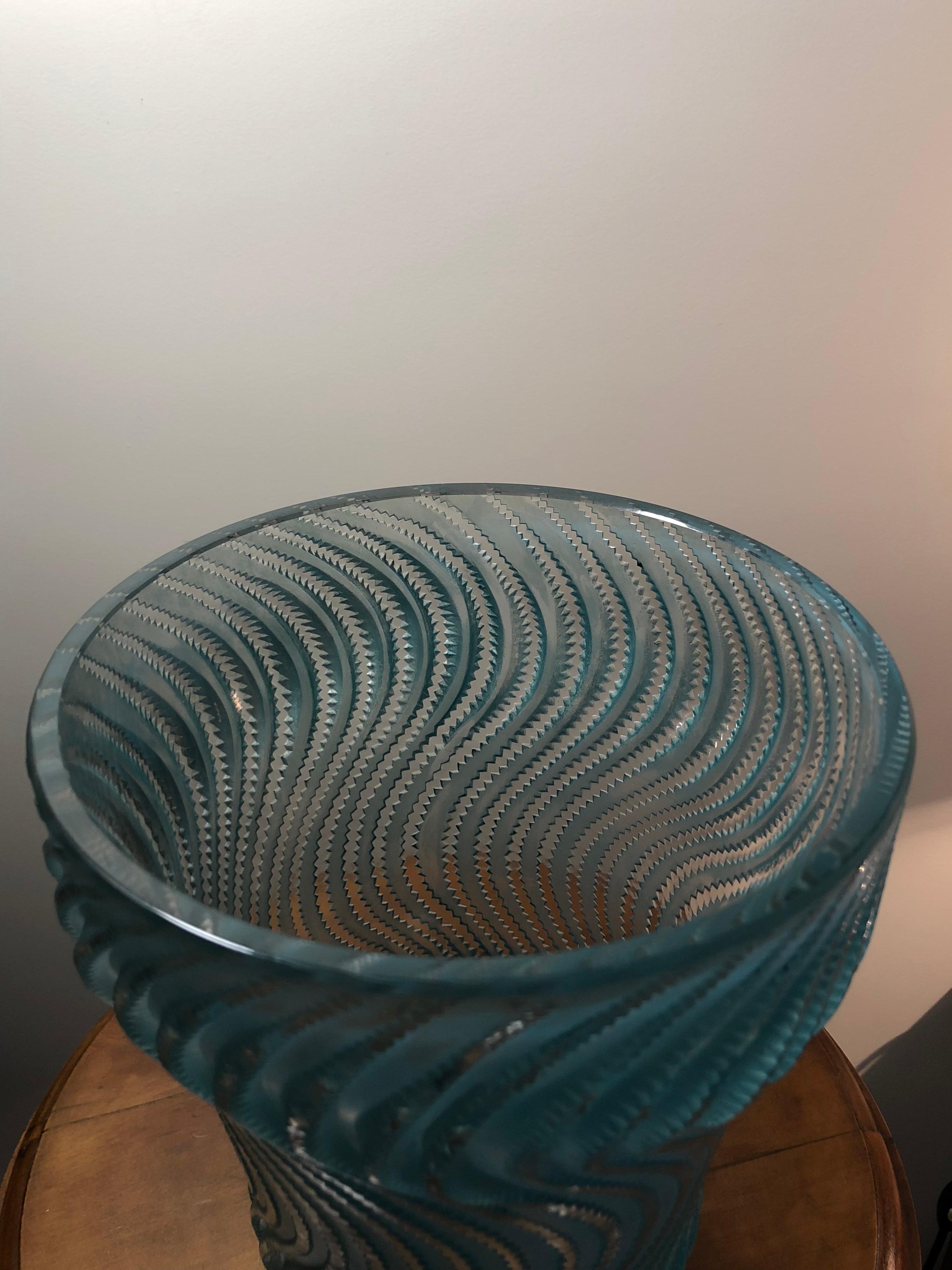 Molded 1934 René Lalique Actinia Vase in Frosted Glass with Blue Patina