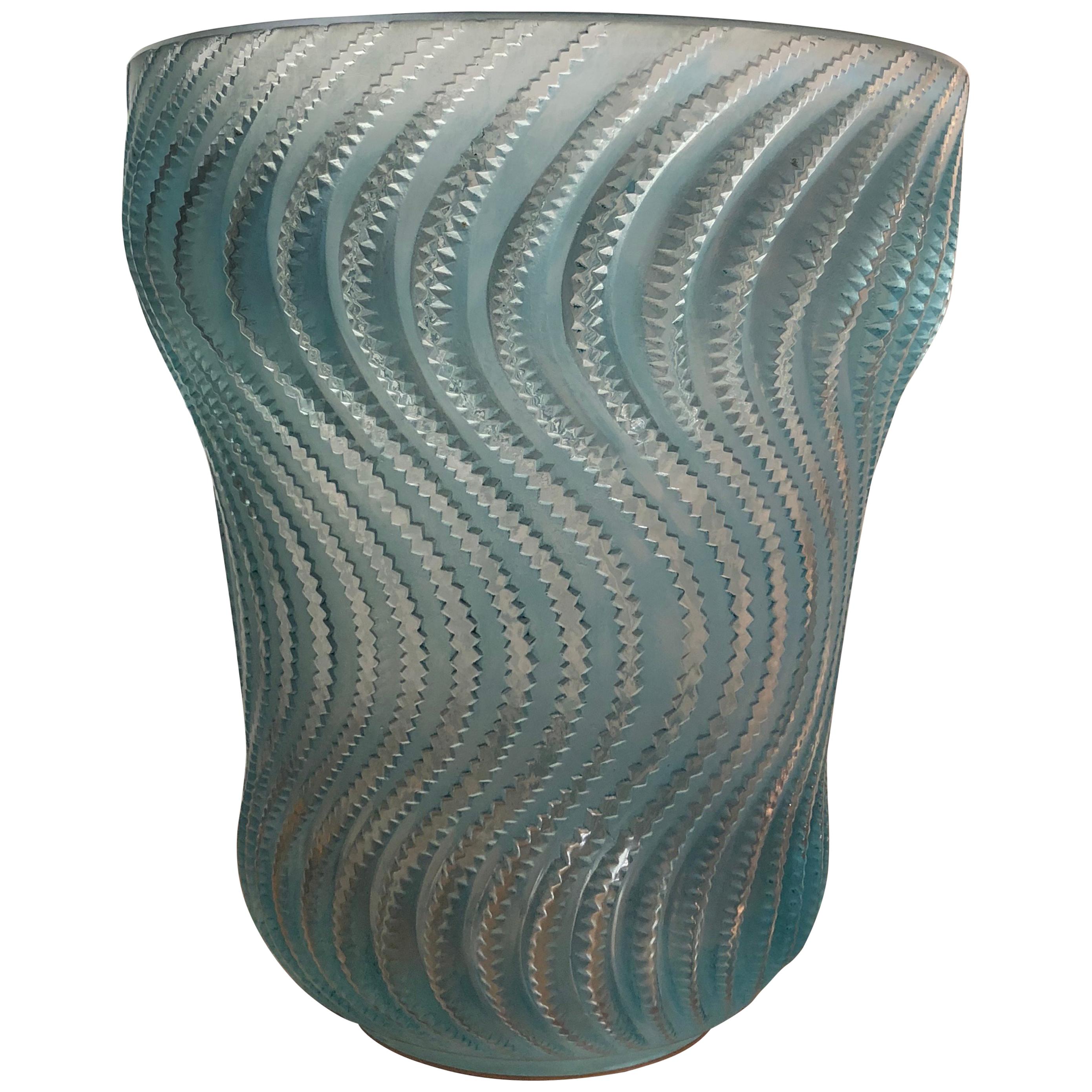1934 René Lalique Actinia Vase in Frosted Glass with Blue Patina