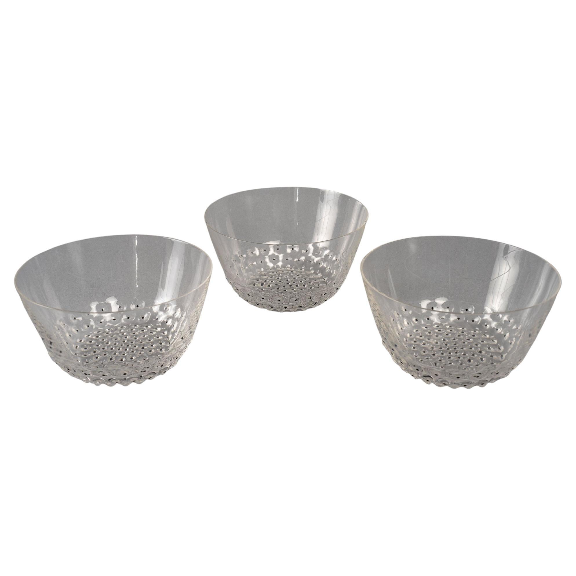 1934 René Lalique, Bowls Cups Cactus Clear Glass with Black Enamel, 3 Pieces For Sale