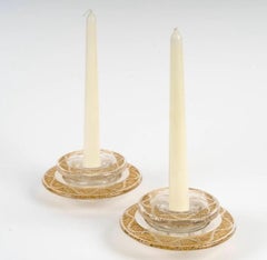 1934 René Lalique - Pair of Candlesticks Ricquewihr Glass with Sepia Patina