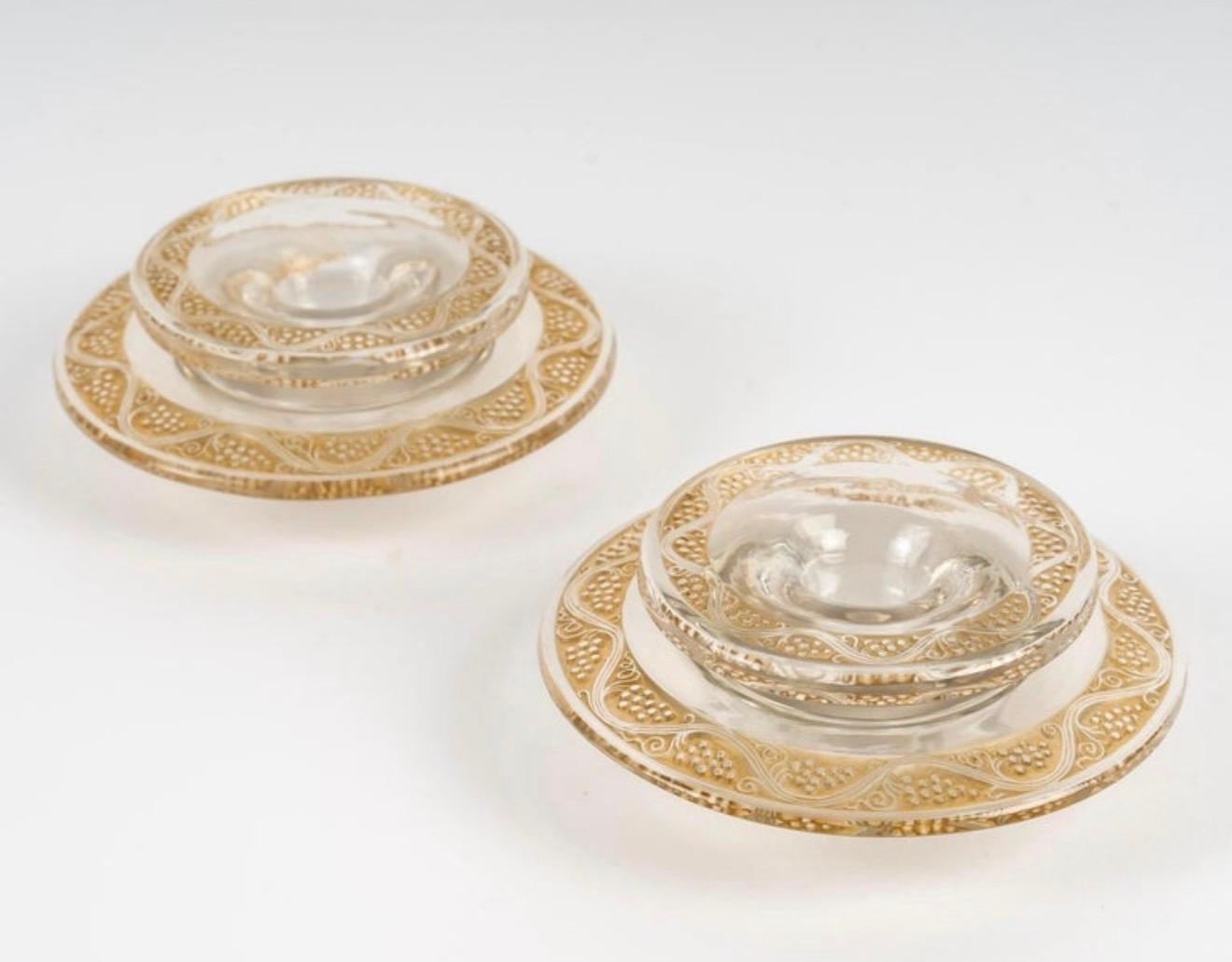 Art Deco 1934 René Lalique - Pair of Candlesticks Ricquewihr Glass with Sepia Patina For Sale