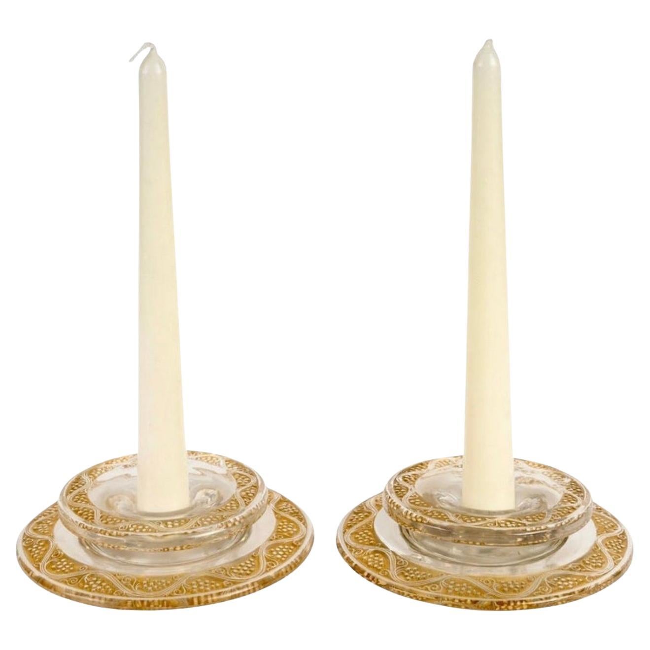 1934 René Lalique - Pair of Candlesticks Ricquewihr Glass with Sepia Patina For Sale