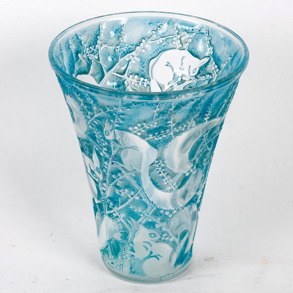 Art Deco 1934 Rene Lalique Vase Senart Glass with Blue Patina Squirrel For Sale