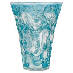 Vintage 1934 Rene Lalique Vase Senart Glass with Blue Patina Squirrel