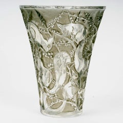 1934 Rene Lalique Vase Senart Squirrels Glass with Grey Green Patina