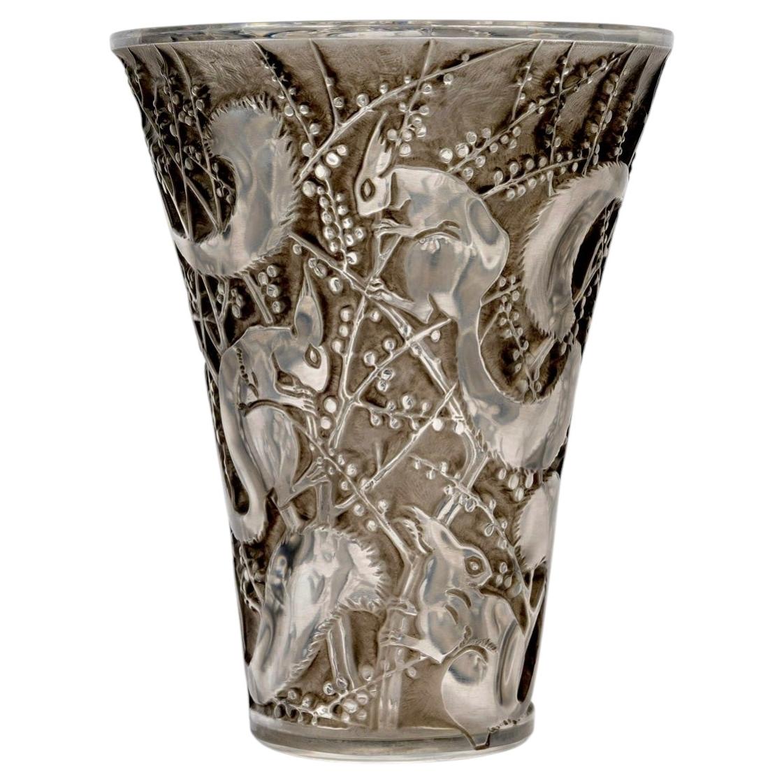 1934 Rene Lalique Vase Senart Squirrels Glass with Grey Patina