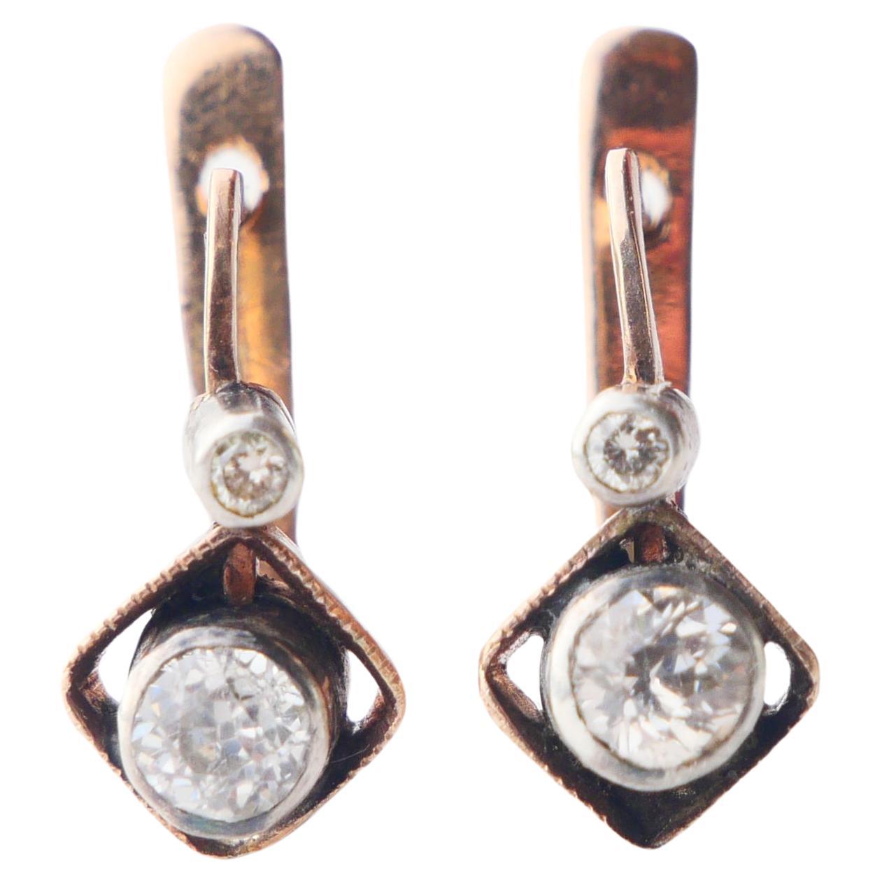 1934 Pendientes georgianos soviéticos 0,6 ctw Diamantes macizos Oro de 14 quilates Plata / 3,11 gr