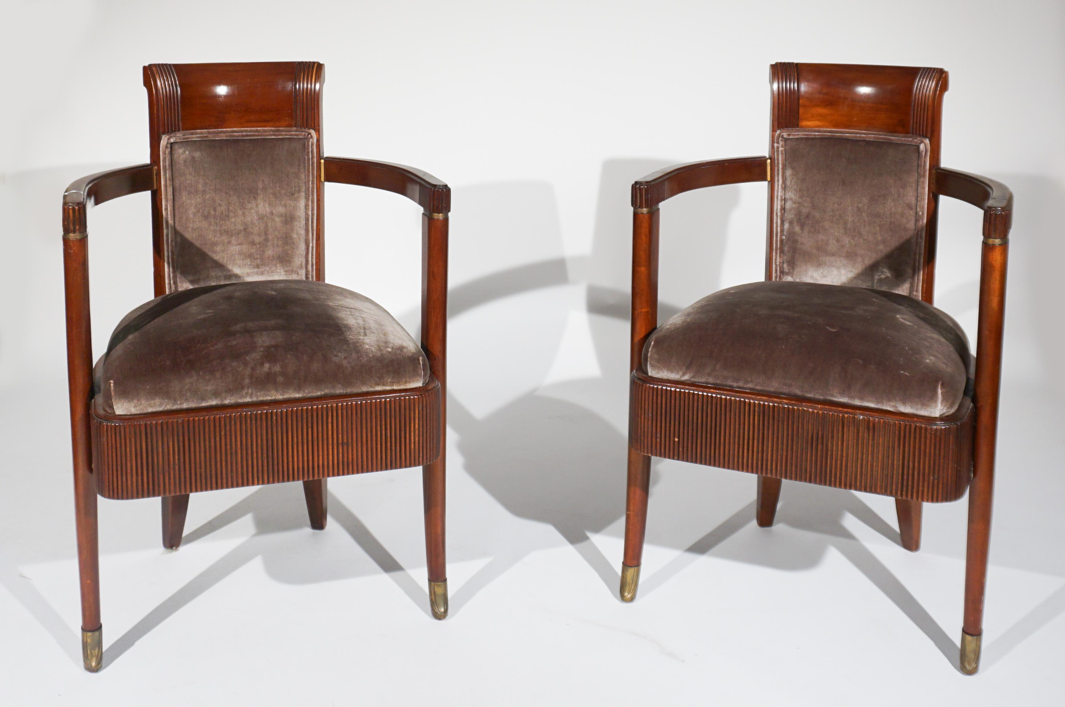 Pair Of Art Deco Silk Velvet Upholstered Mahogany 'S.S. Normandie' Dining Armchairs, Pierre Patout (French 1879-1965), Circa 1934. This Pair of Art Deco Mahogany Arm chairs upholstered in dark brown Silk Velvet were designed by Pierre Patout to be