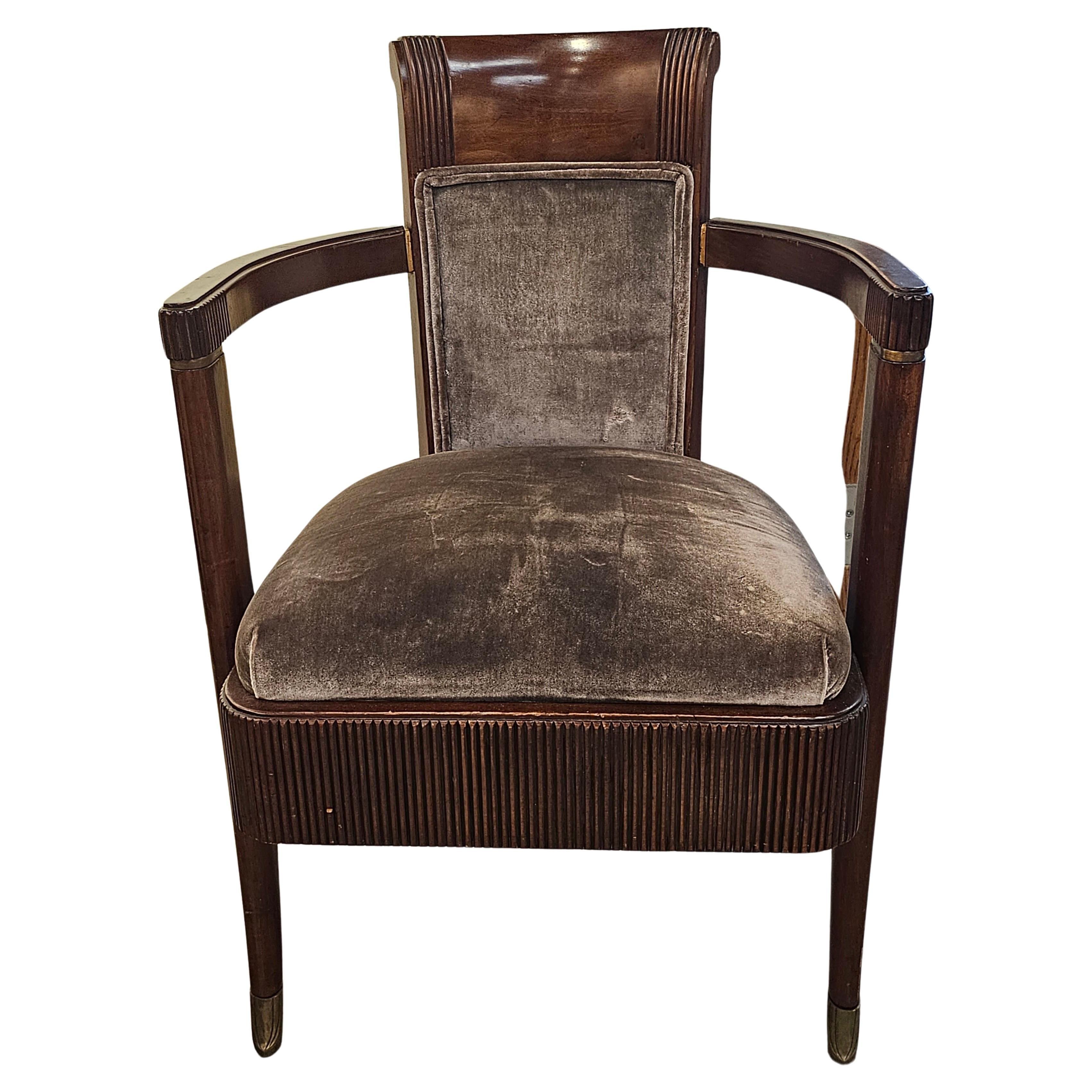 French 1934 SS Normandie Art Deco Silk Velvet & Mahogany ArmChairs, Pierre Patout For Sale
