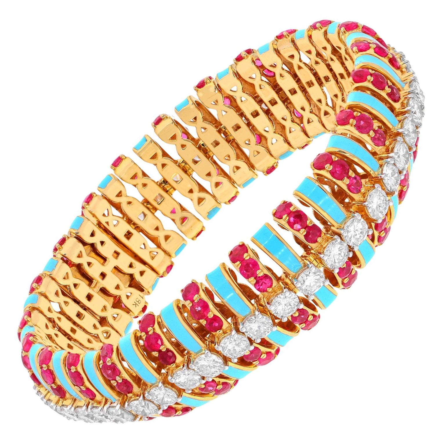 19.34 TCW Rubis naturel Diamant Bracelet large émail 14 Karat or jaune Bijoux