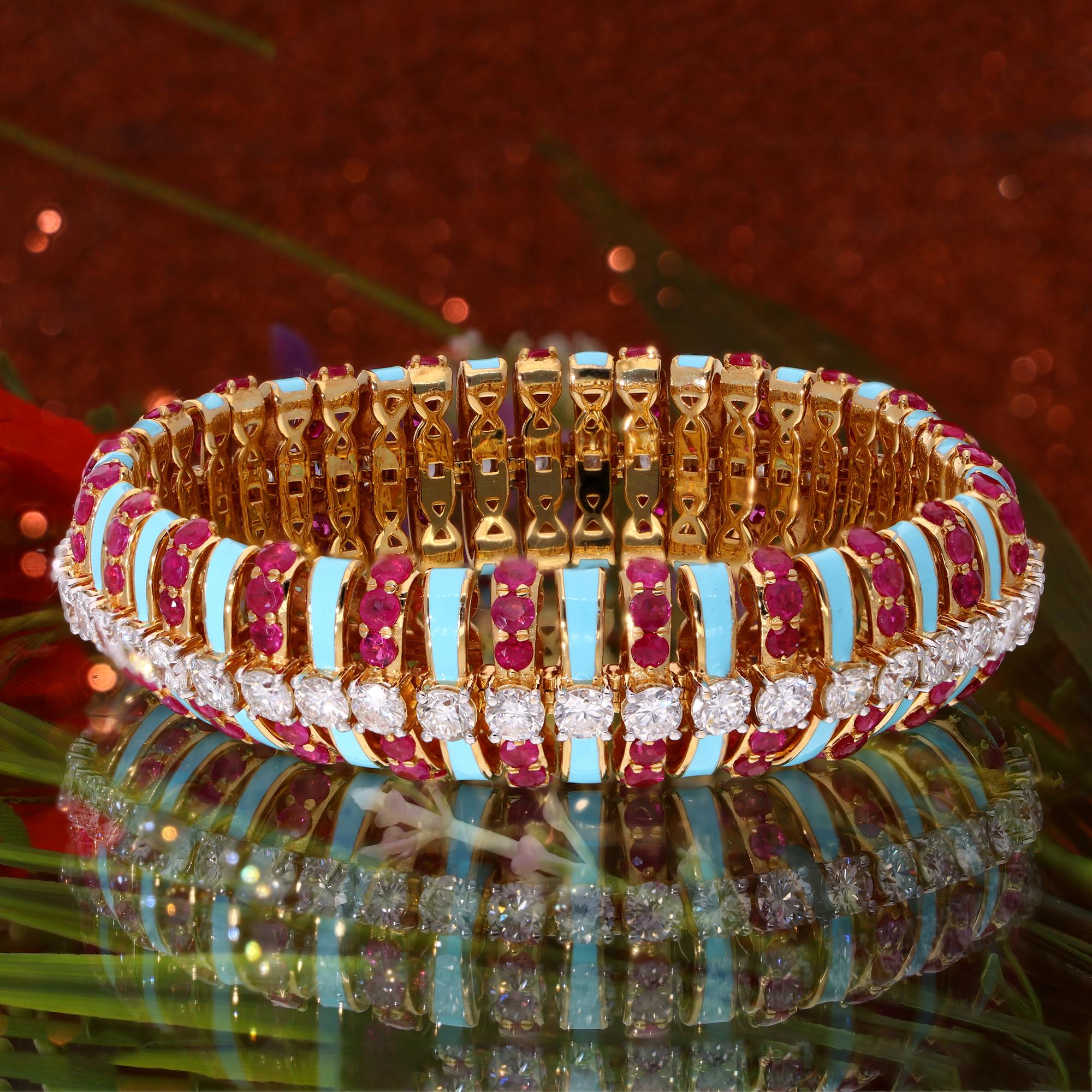 Art déco 19.34 TCW Rubis naturel Diamant Bracelet large en émail Or jaune 18 carats Bijoux en vente