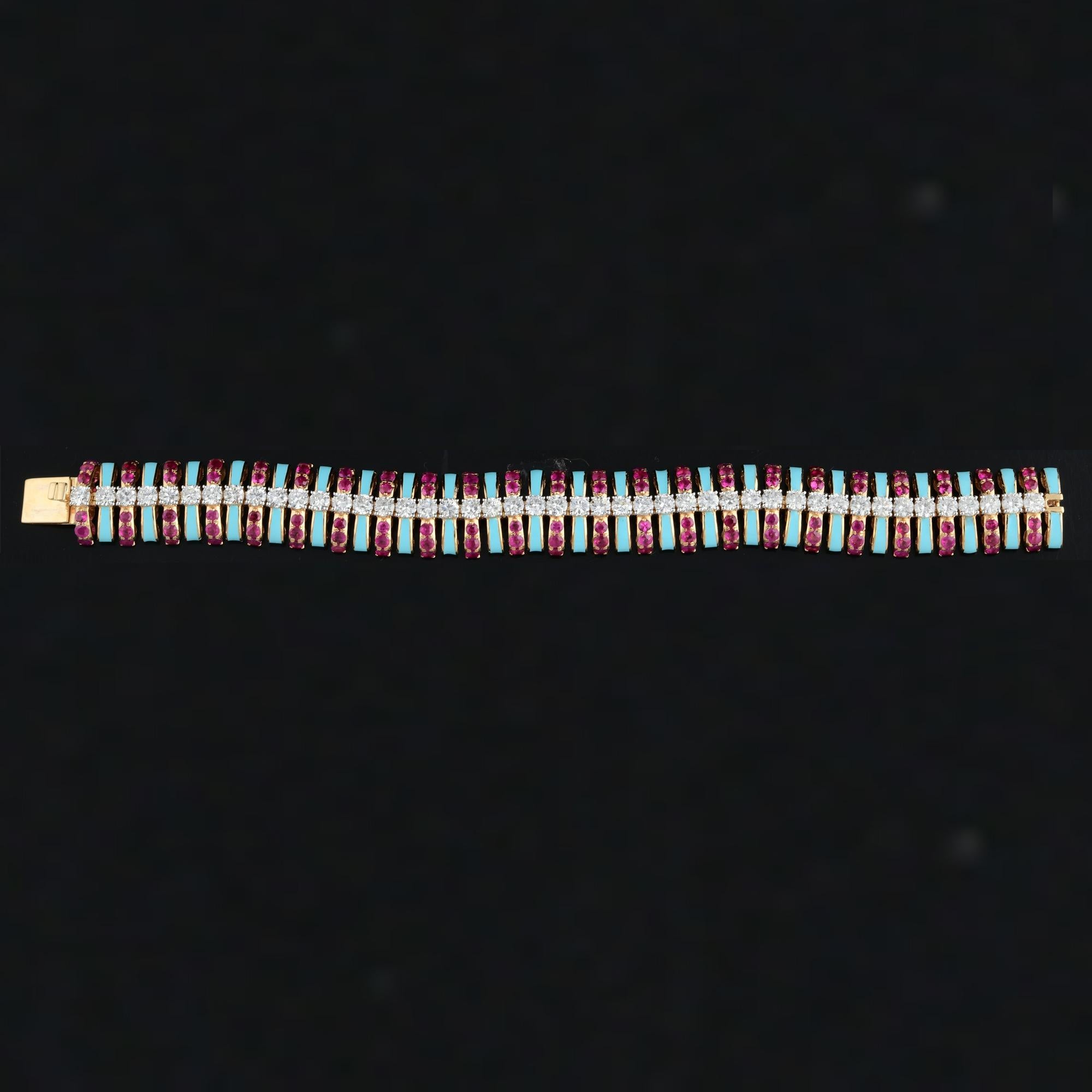 19.34 TCW Rubis naturel Diamant Bracelet large en émail Or jaune 18 carats Bijoux Pour femmes en vente