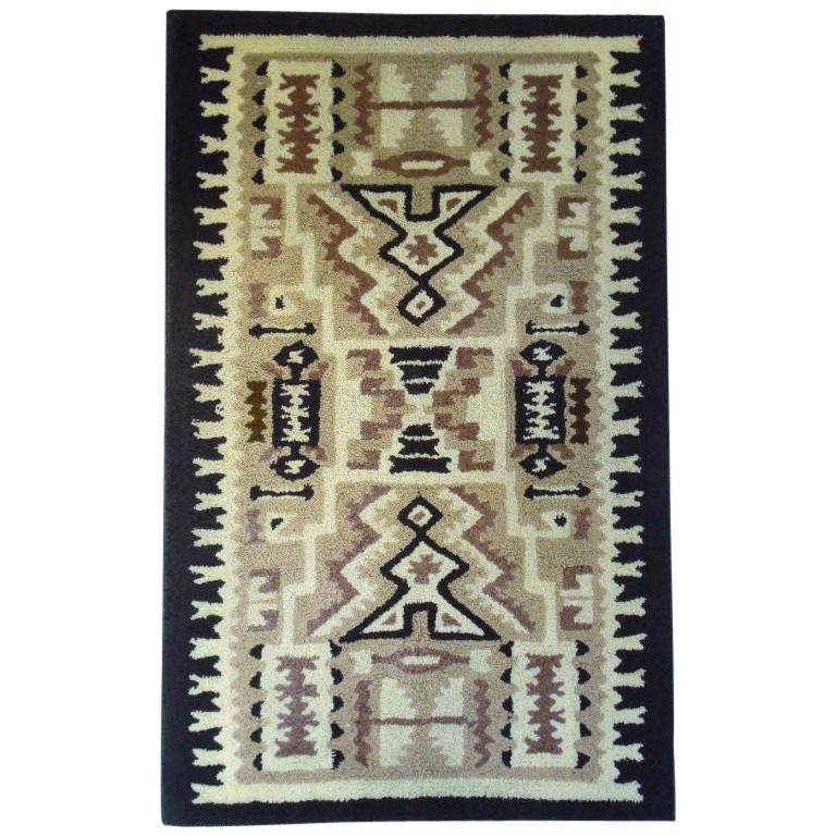 1935-1940 Mounted American Hand-Hooked Rug with Indian Pattern Design For Sale