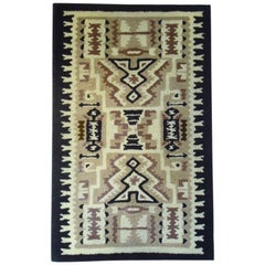 1935-1940 Mounted American Hand-Hooked Rug with Indian Pattern Design