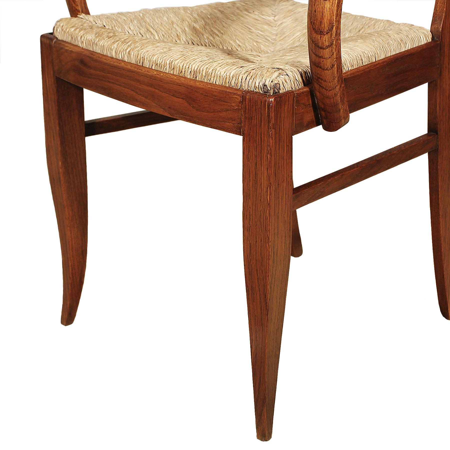 1935-1940 Set of Six Art Deco Bridge Armchairs, Oak, Woven Straw - France For Sale 5