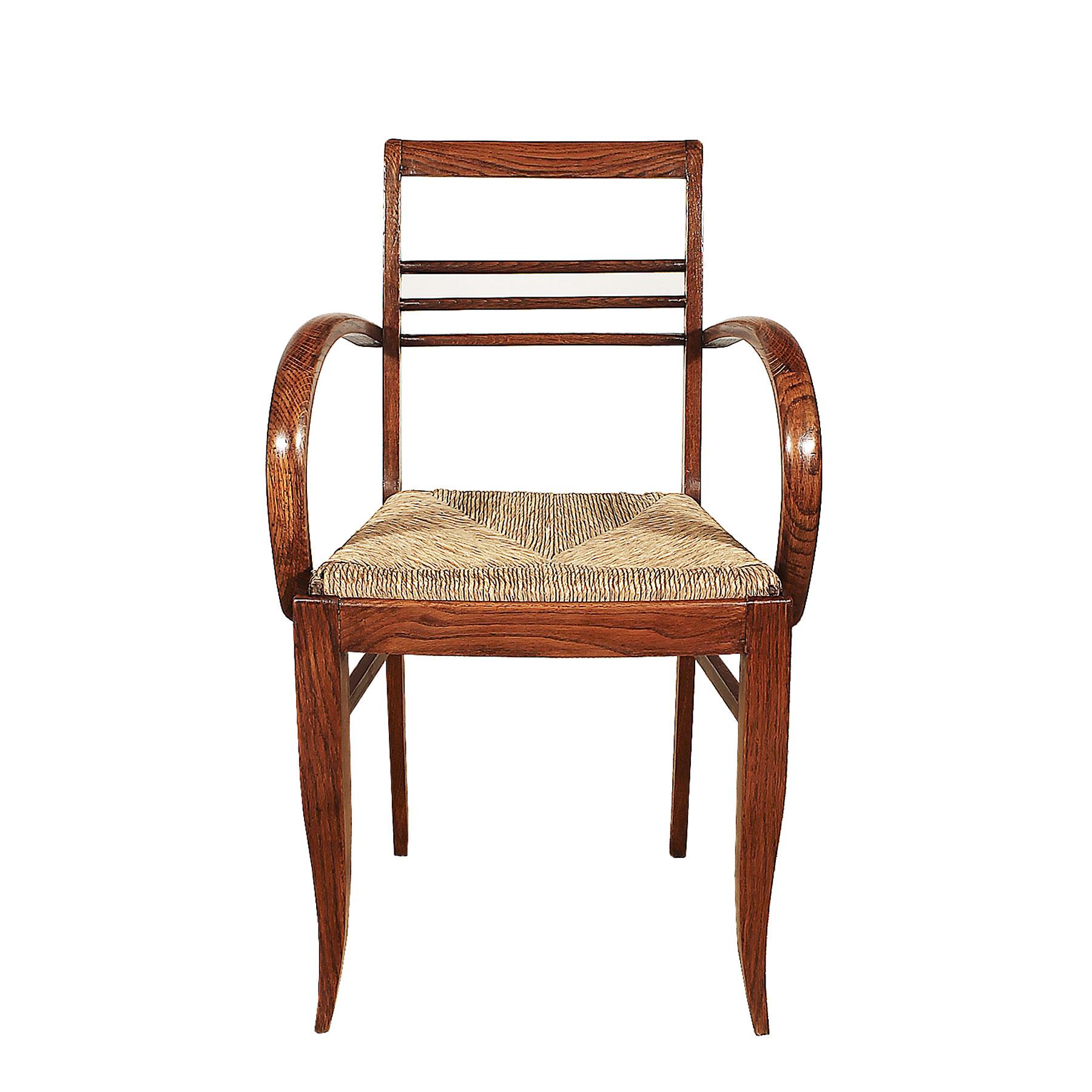 French 1935-1940 Set of Six Art Deco Bridge Armchairs, Oak, Woven Straw - France For Sale