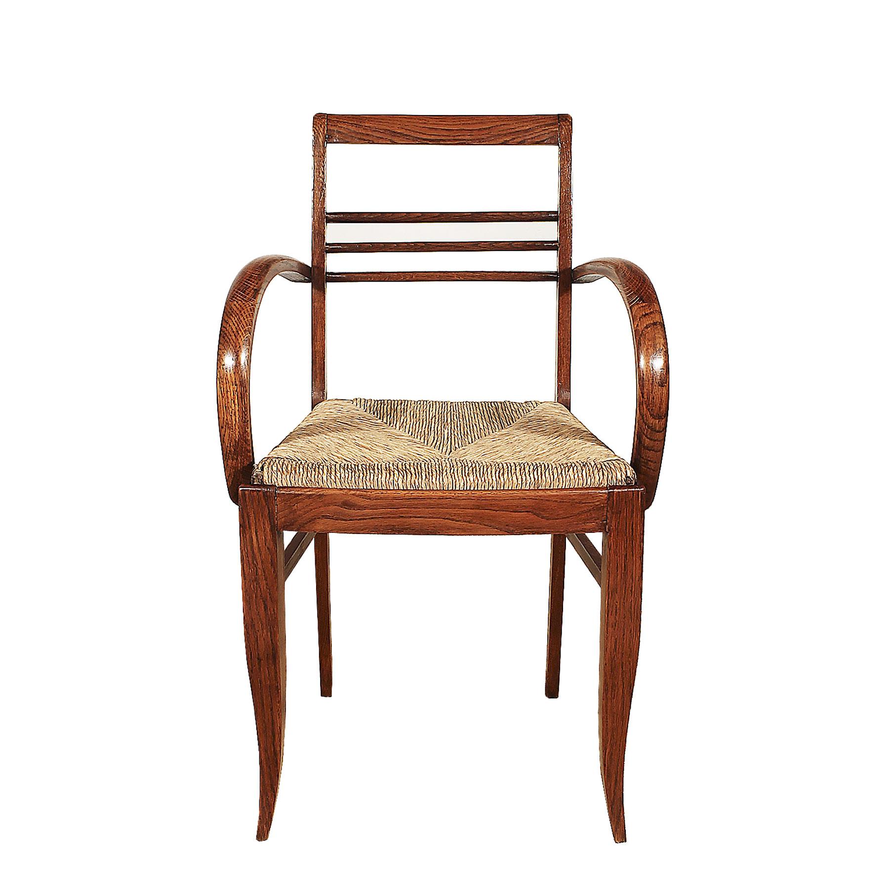 Set aus sechs Art-Déco-Brückensesseln aus Eiche, gewebtes Stroh, 1935-1940, Frankreich (Art déco) im Angebot
