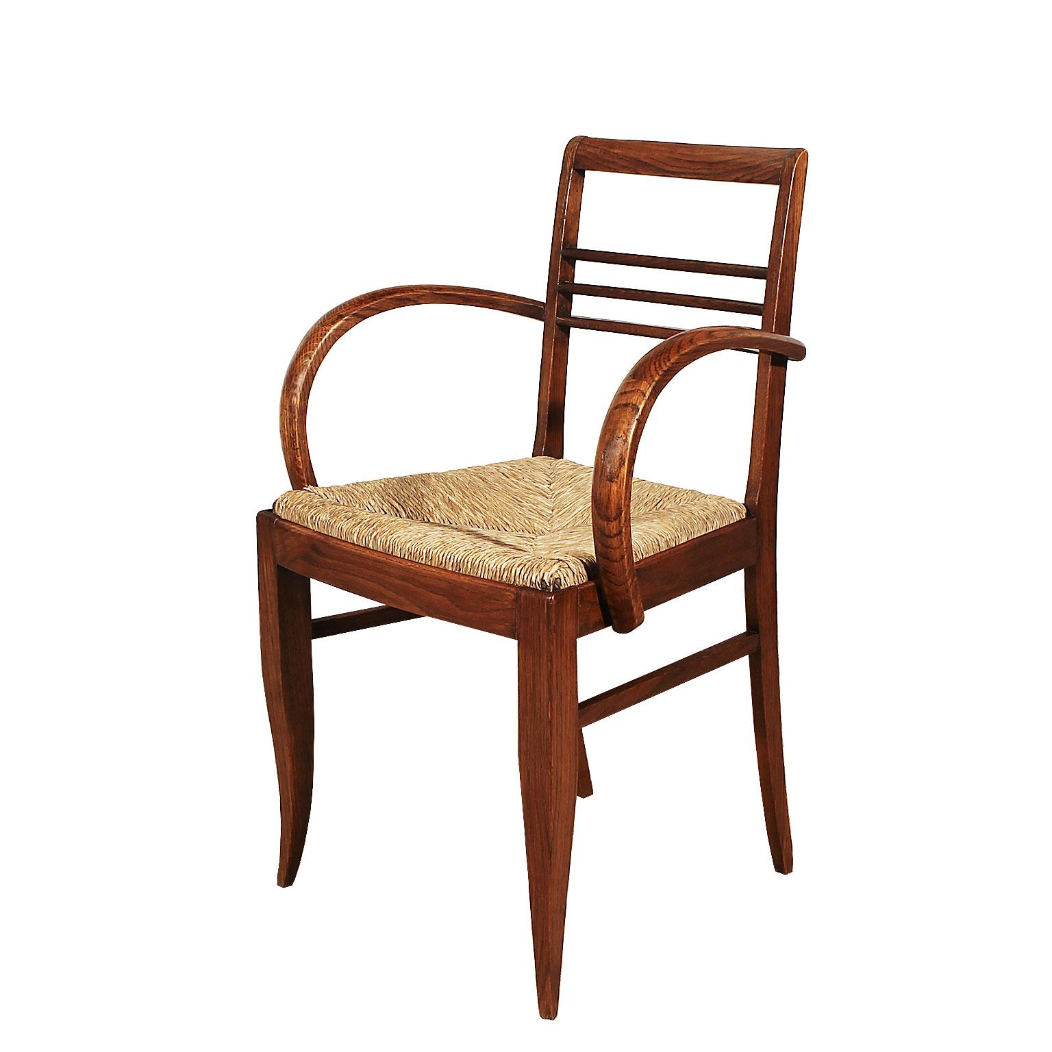 1935-1940 Set of Six Art Deco Bridge Armchairs, Oak, Woven Straw - France In Good Condition For Sale In Girona, ES
