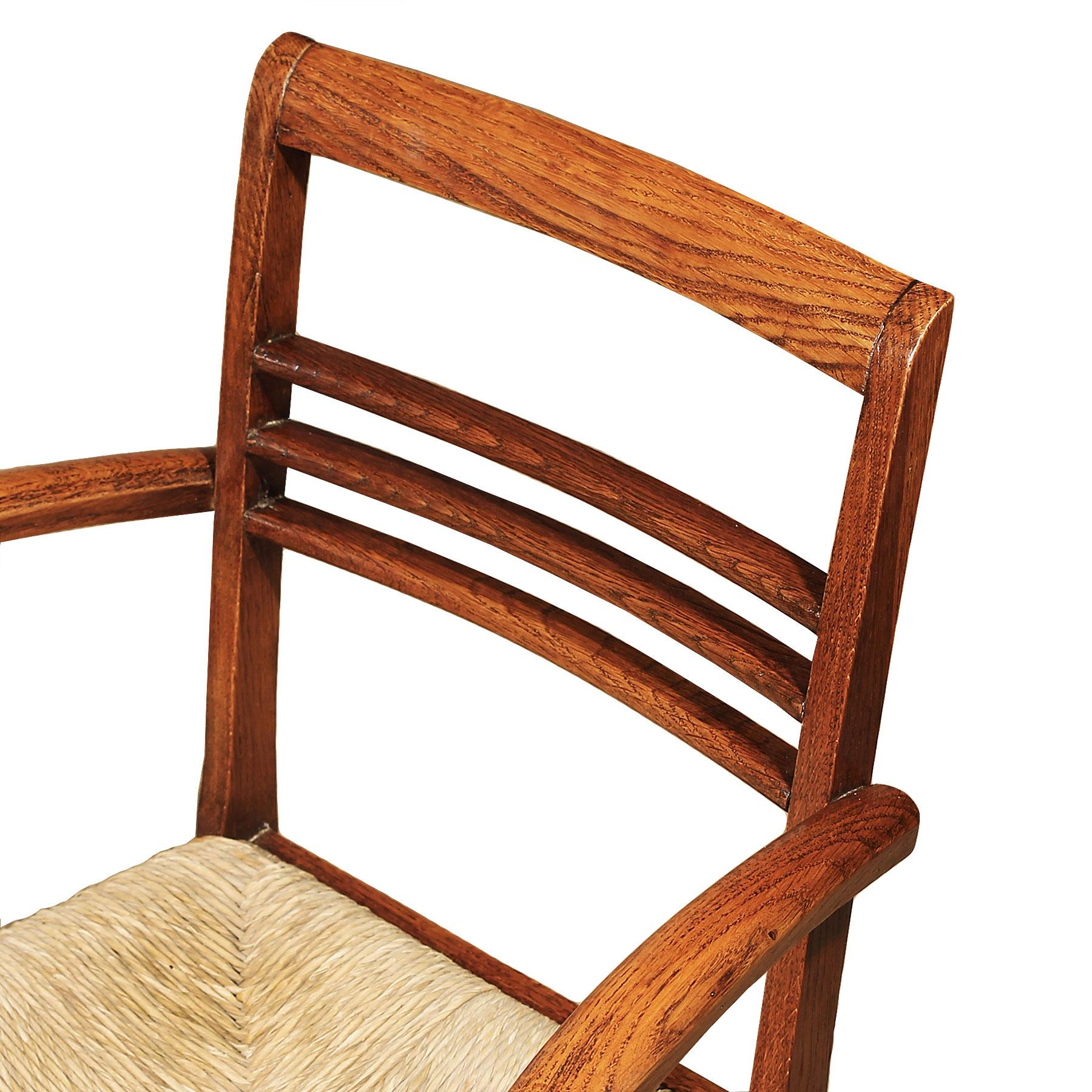 1935-1940 Set of Six Art Deco Bridge Armchairs, Oak, Woven Straw - France For Sale 3