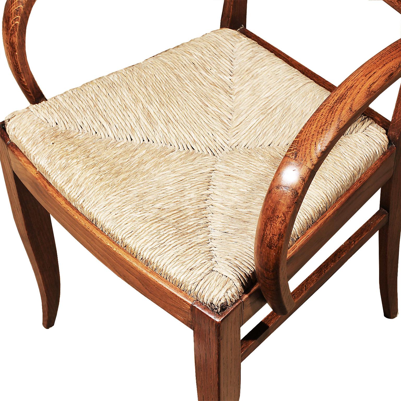 1935-1940 Set of Six Art Deco Bridge Armchairs, Oak, Woven Straw - France For Sale 4