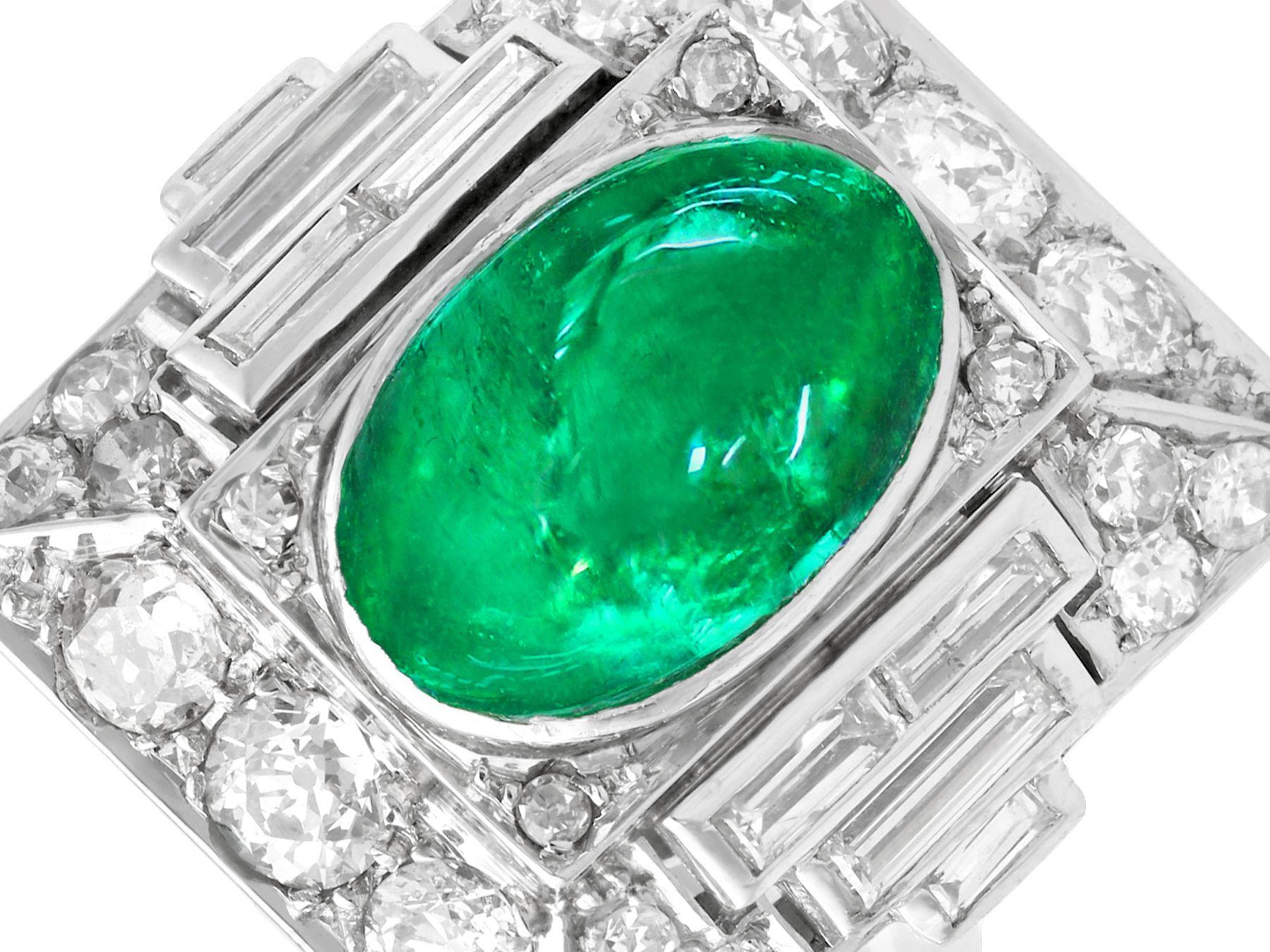 Oval Cut 1935 Antique 3.40ct Cabochon Cut Emerald and 2.72ct Diamond Cocktail Ring For Sale