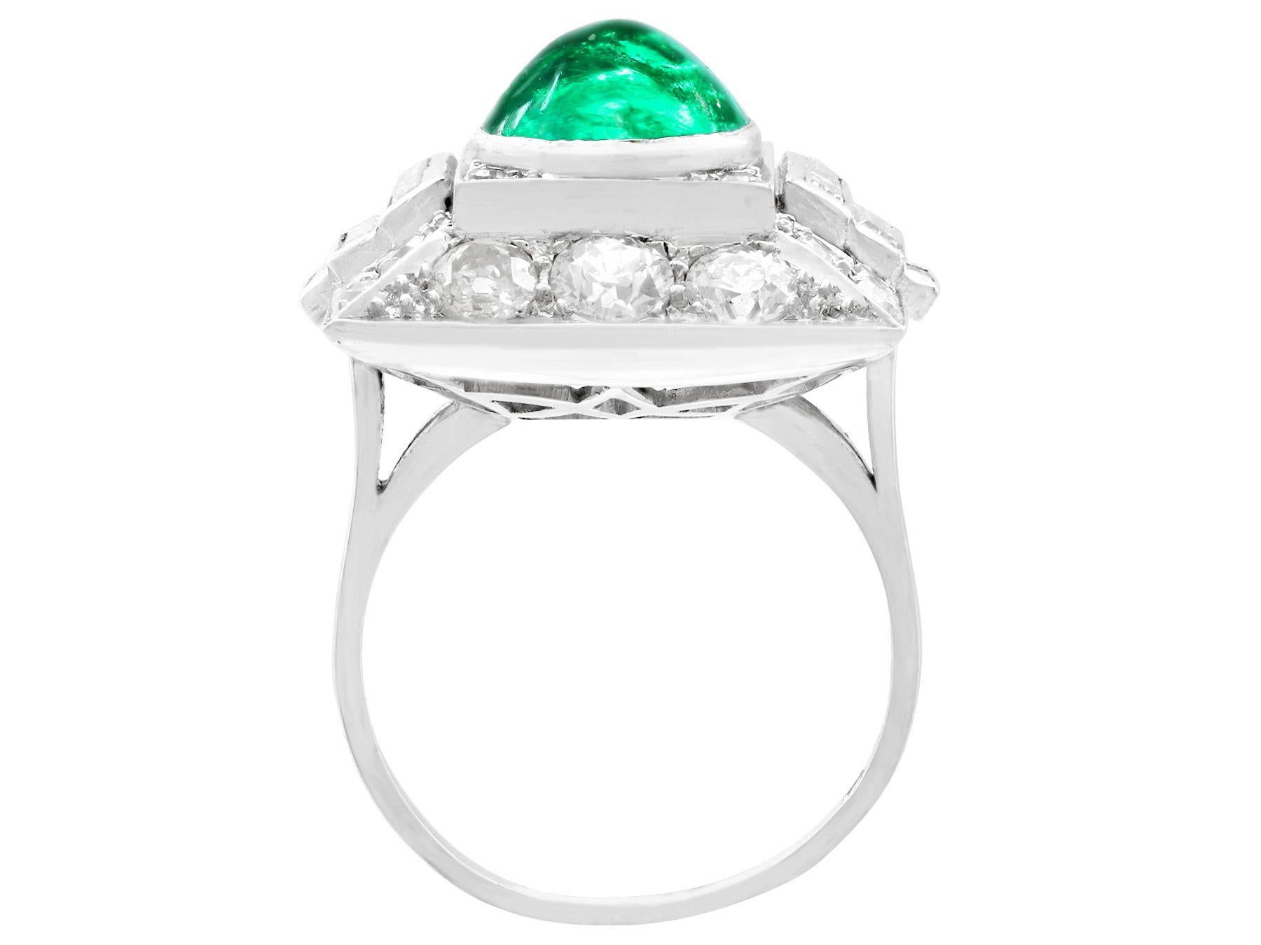 Women's 1935 Antique 3.40ct Cabochon Cut Emerald and 2.72ct Diamond Cocktail Ring For Sale