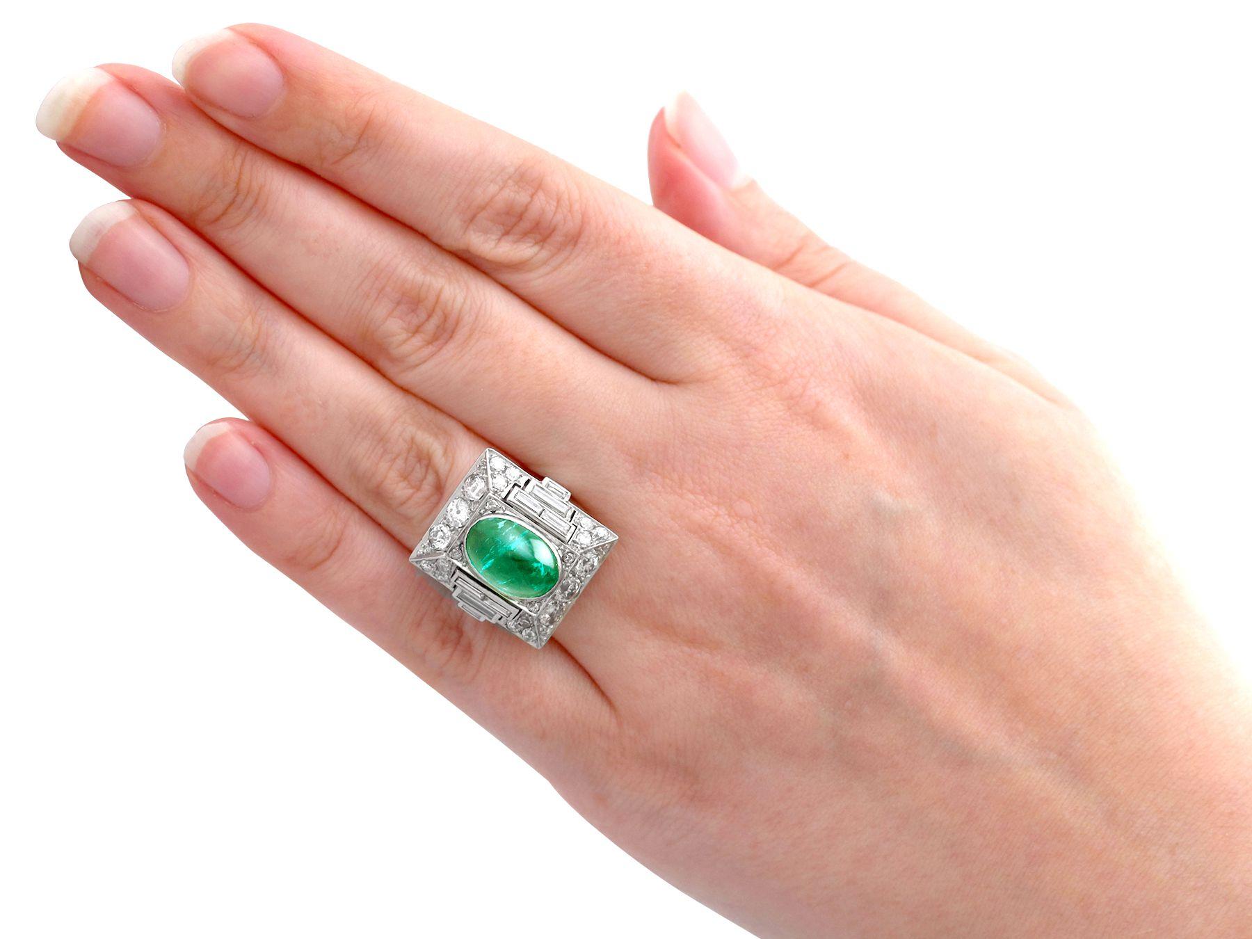 1935 Antique 3.40ct Cabochon Cut Emerald and 2.72ct Diamond Cocktail Ring For Sale 1