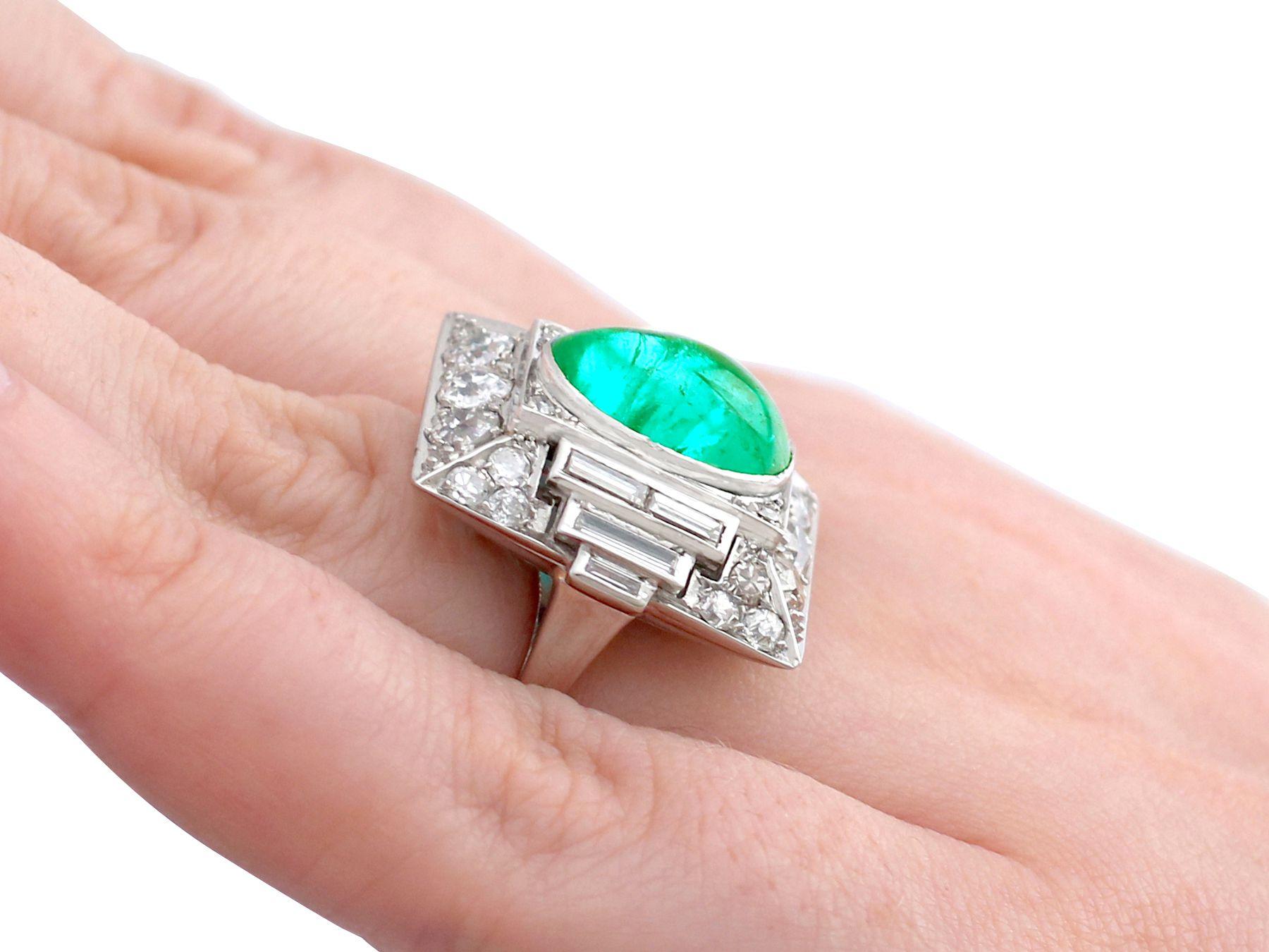 1935 Antique 3.40ct Cabochon Cut Emerald and 2.72ct Diamond Cocktail Ring For Sale 2