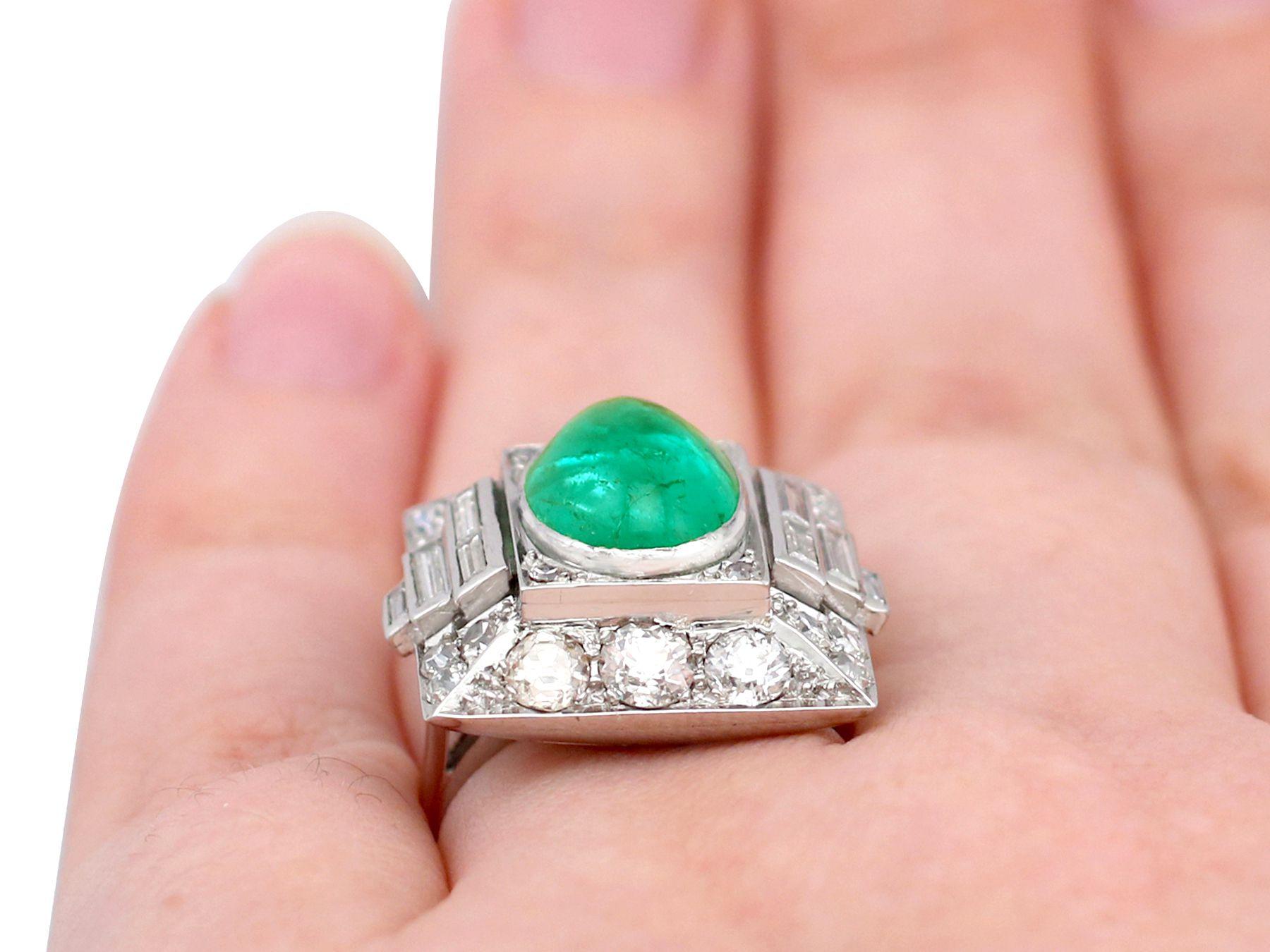 1935 Antique 3.40ct Cabochon Cut Emerald and 2.72ct Diamond Cocktail Ring For Sale 3