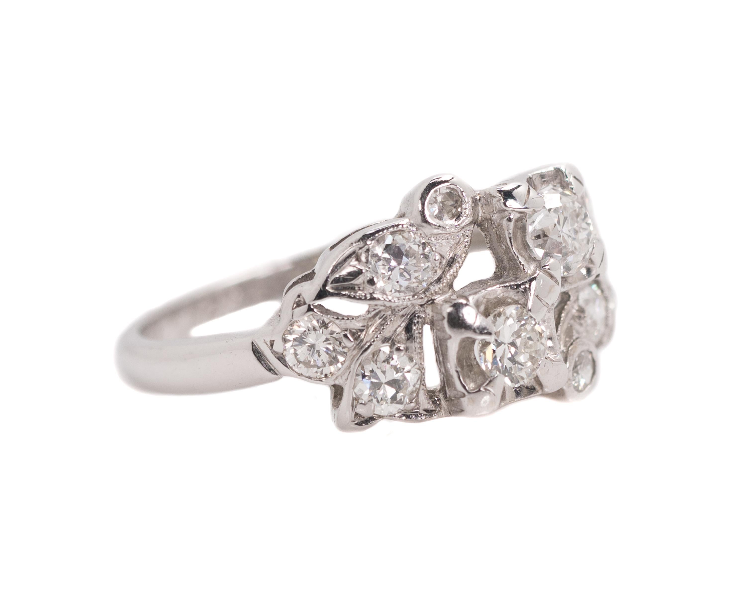 1935 Old European, Single cut Diamond Cluster Ring - 14 Karat White Gold, Diamonds

Features:
0.50 carat total weight Diamonds
14 Karat White Gold Setting
8 prong set Diamonds
2 bezel set Diamonds

inner shank inscription, can be polished off upon