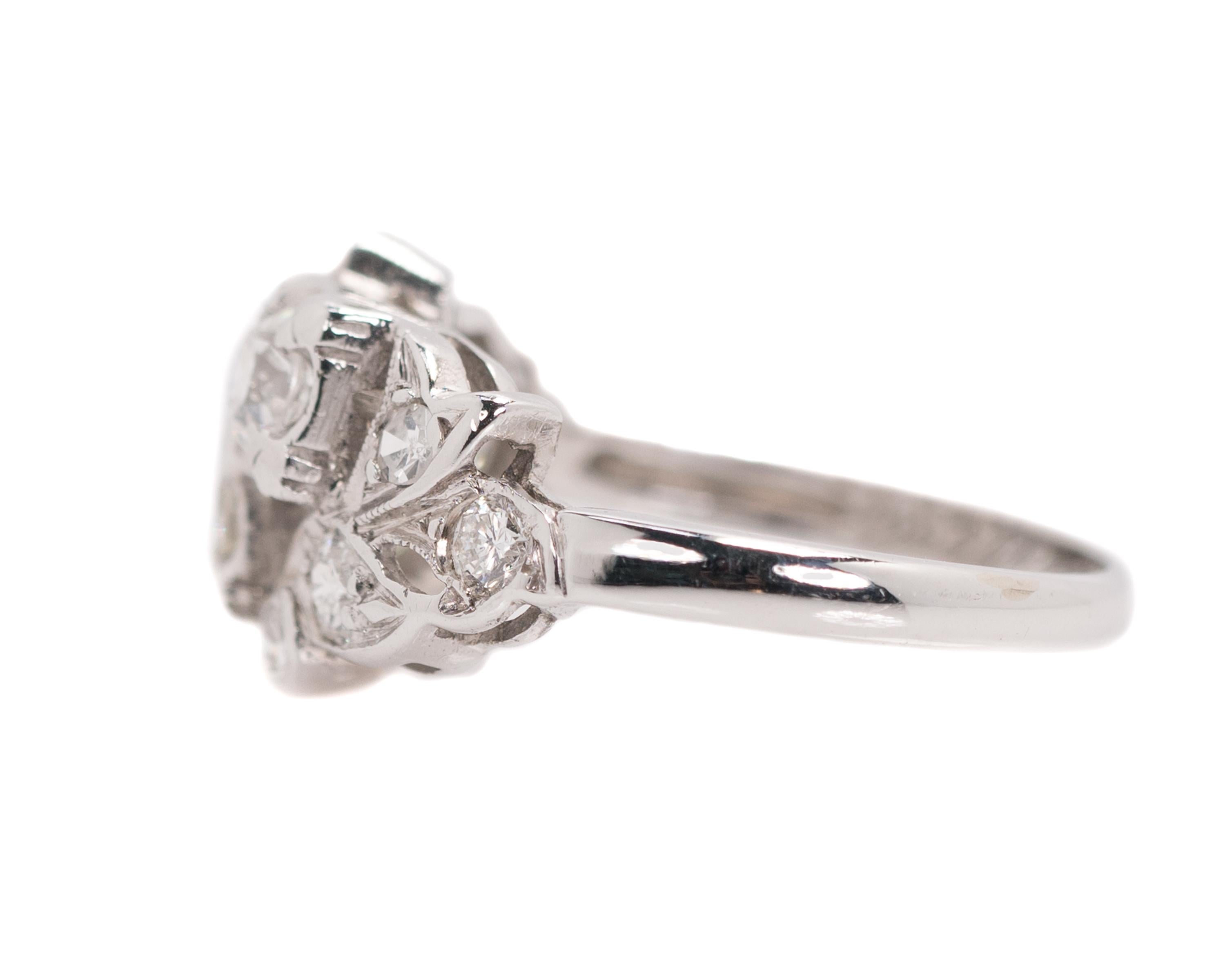 Women's or Men's 1935 Art Deco 0.50 Carat Total Weight Diamond, 14 Karat White Gold Ring