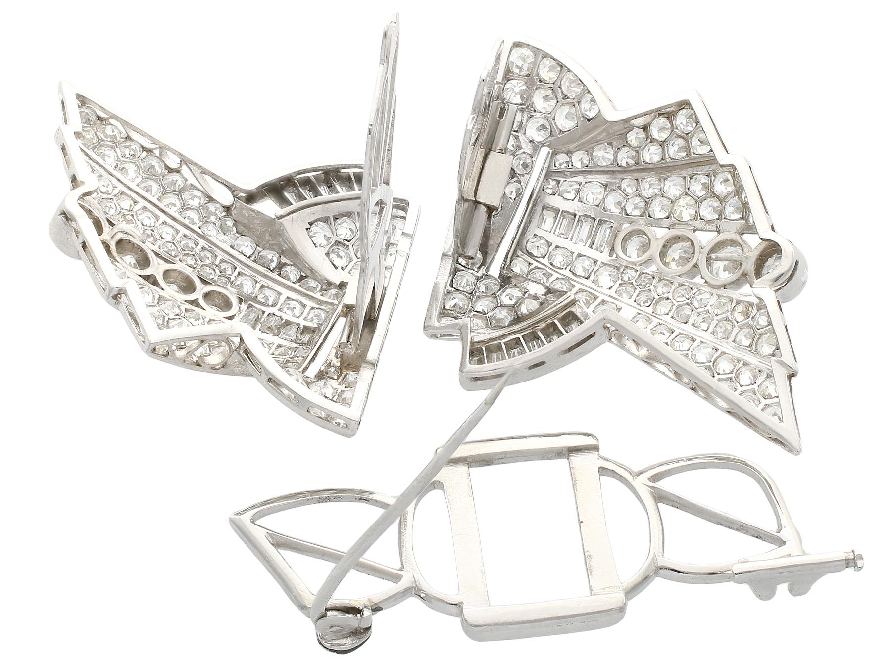 Women's Art Deco 10.95 Carat Diamond Duette Double Clip Brooch in Platinum For Sale