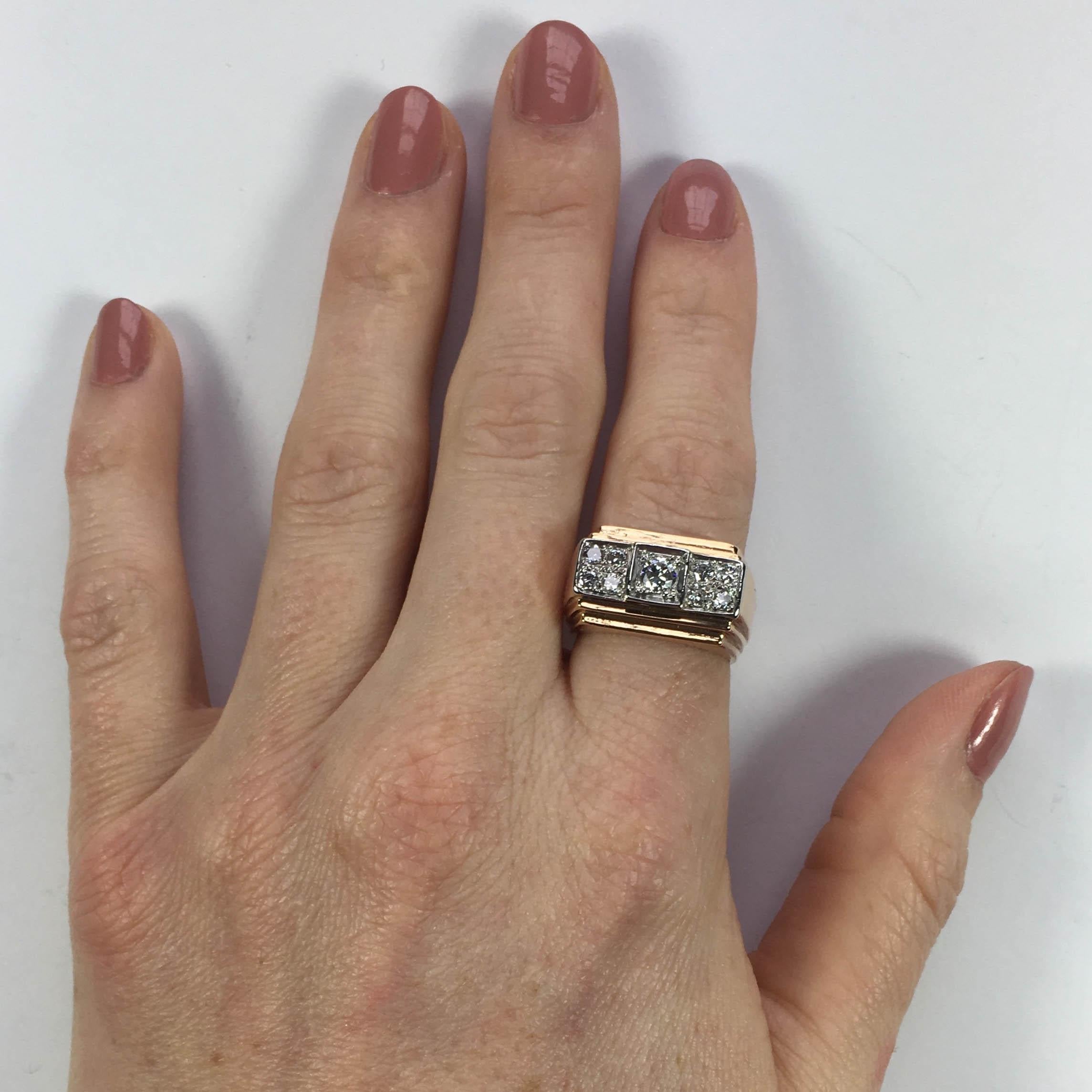 Women's or Men's 1935 Art Deco Diamond Rose Gold Platinum Ring For Sale