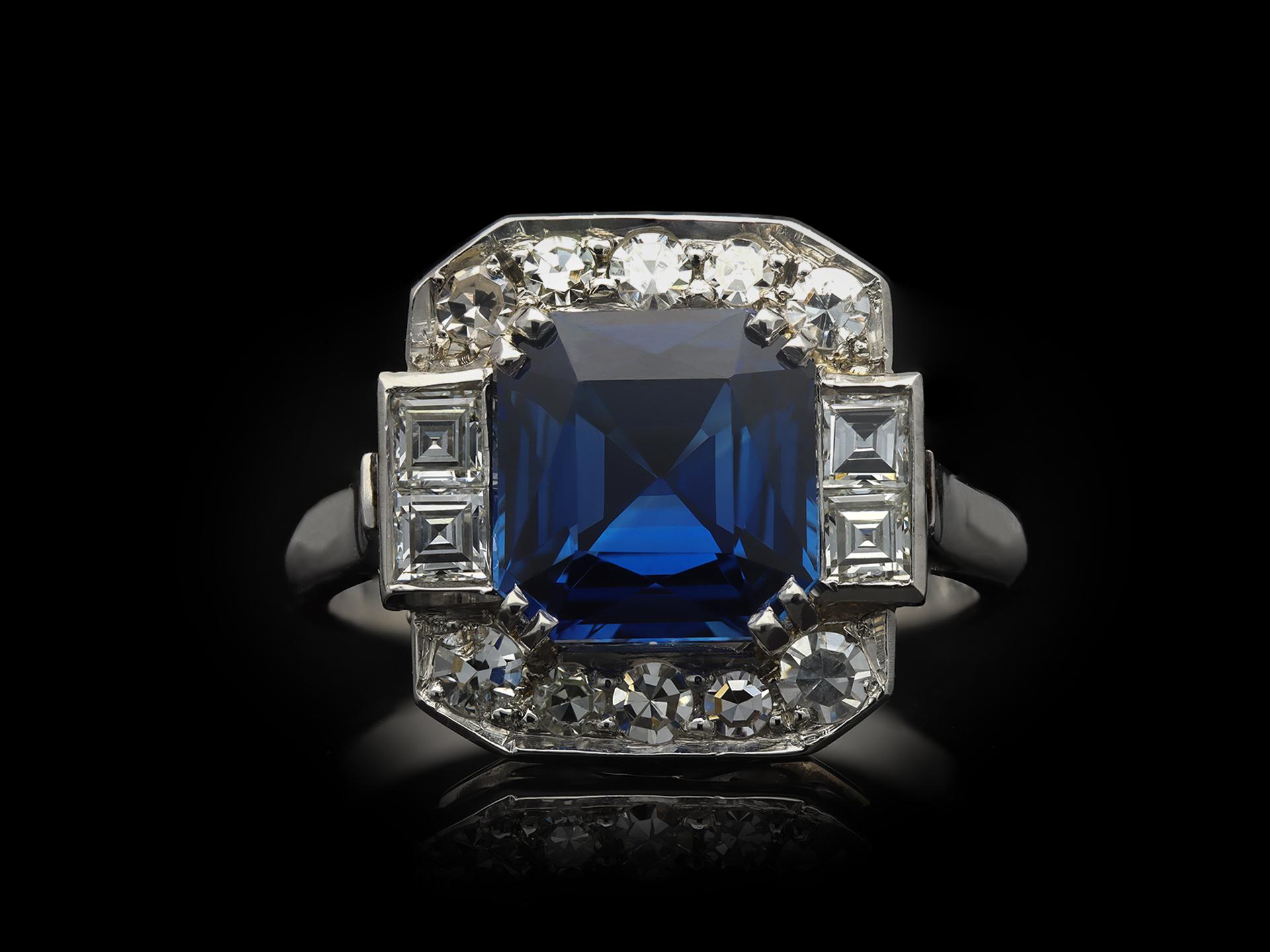 art deco sapphire and diamond ring in platinum