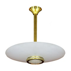 1935, Art Deco "Saucer" Pendant, Brass, Frosted Glass, Cuted Glass, France