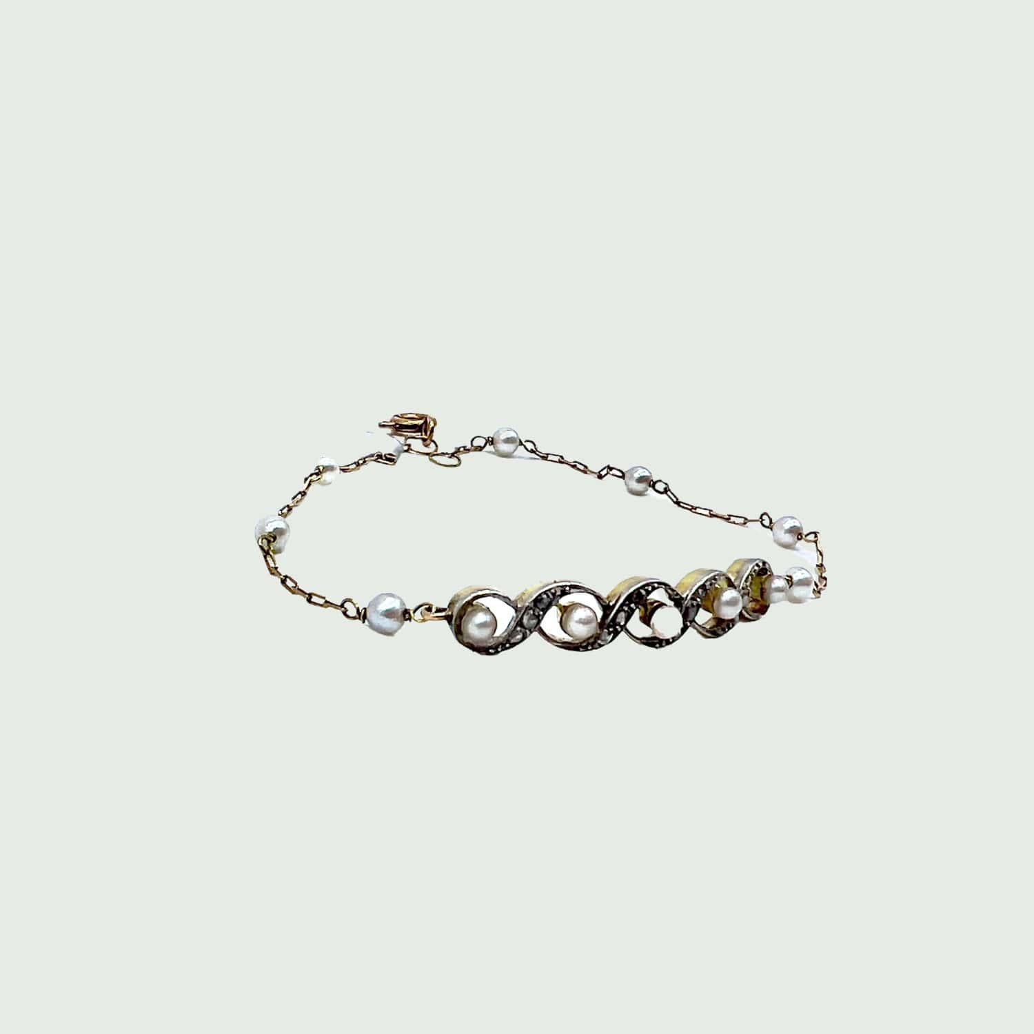 Bracelet Art déco de 1935 en or jaune et platine avec perles et diamants Pour femmes en vente
